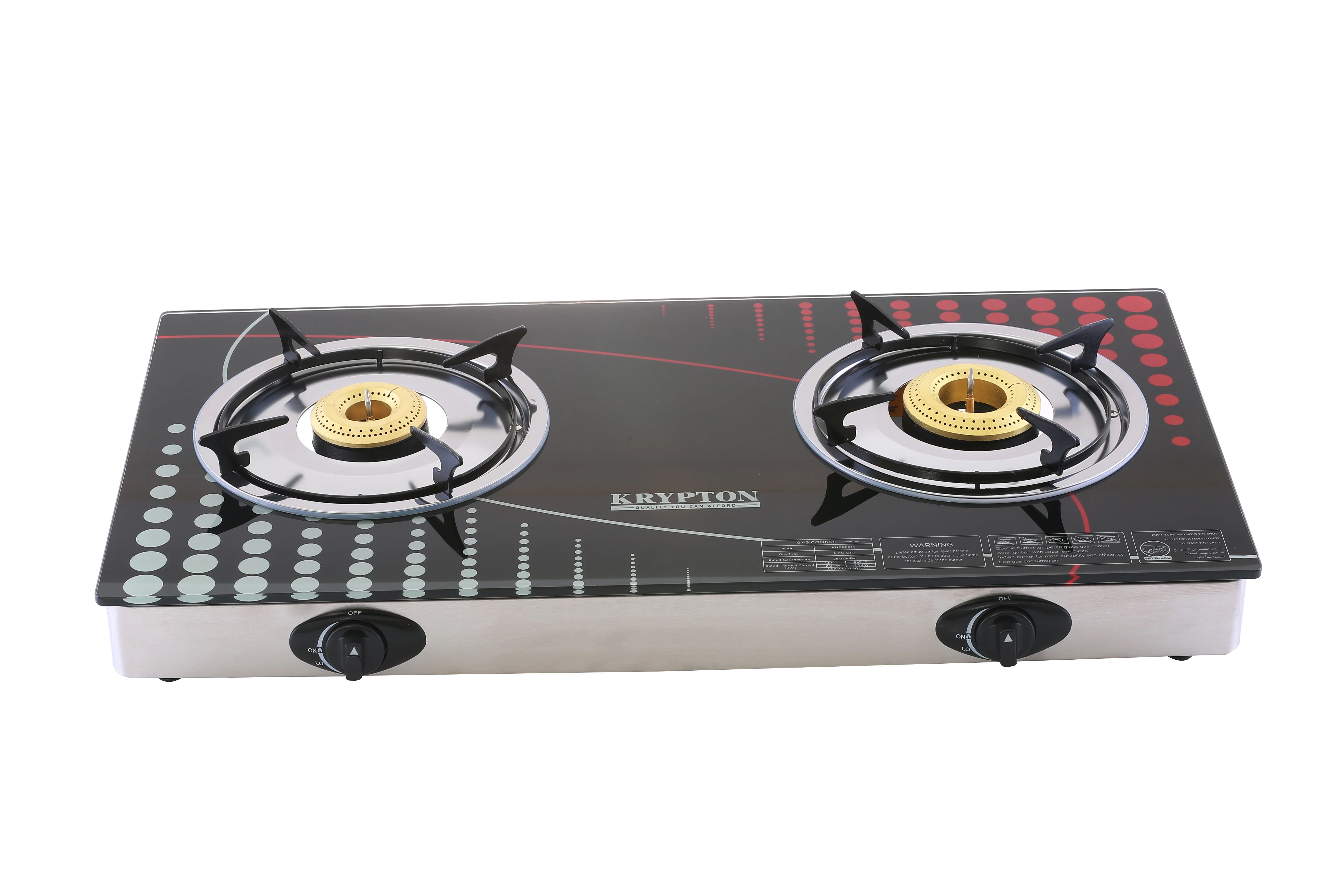 Krypton KNGC6014 Gas Cooker| 2 burners, auto ignition & tempered glass top| FFD safety, durable stainless-steel body for efficient, safe & convenient cooking needs|
