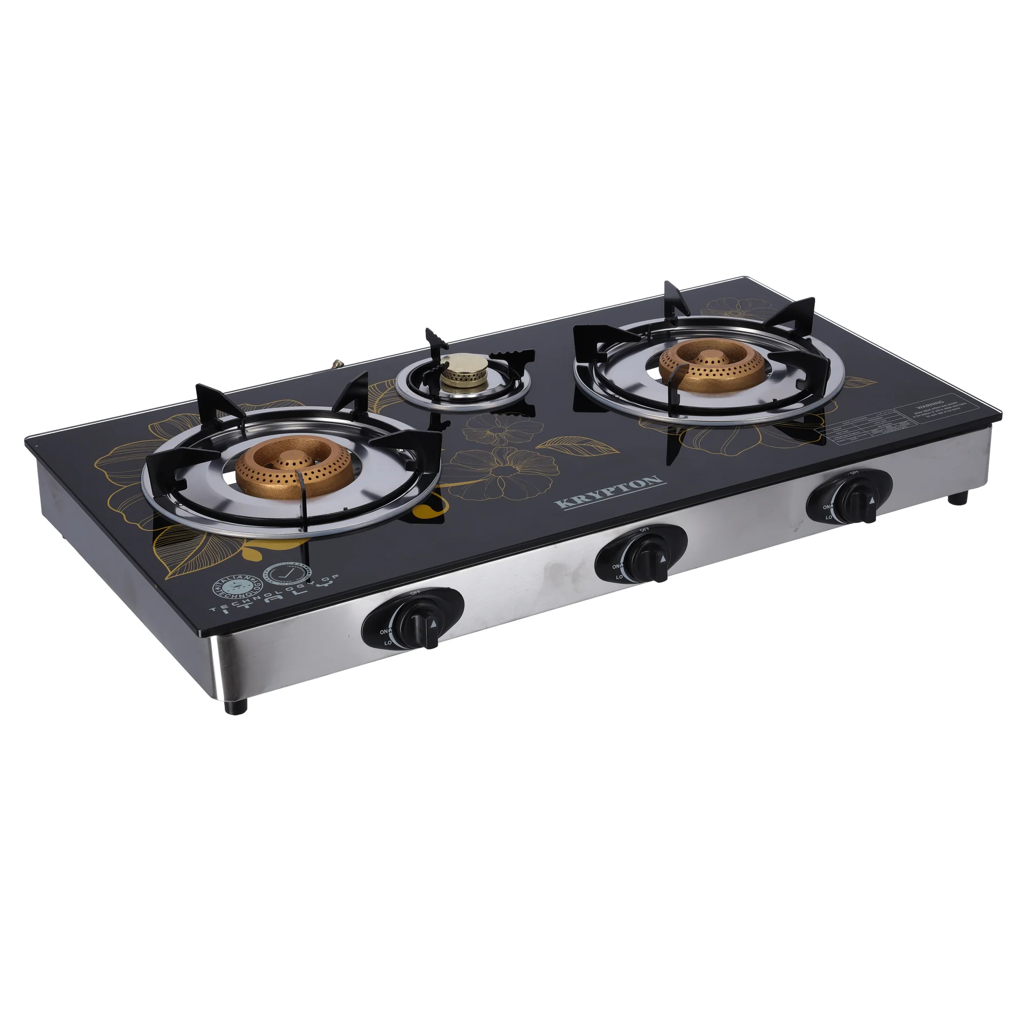 Krypton KNGC6060 stainless steel gas cooker | three high-efficiency burners with auto ignition| pan supports, and safe LPG operation for fast reliable daily cooking|