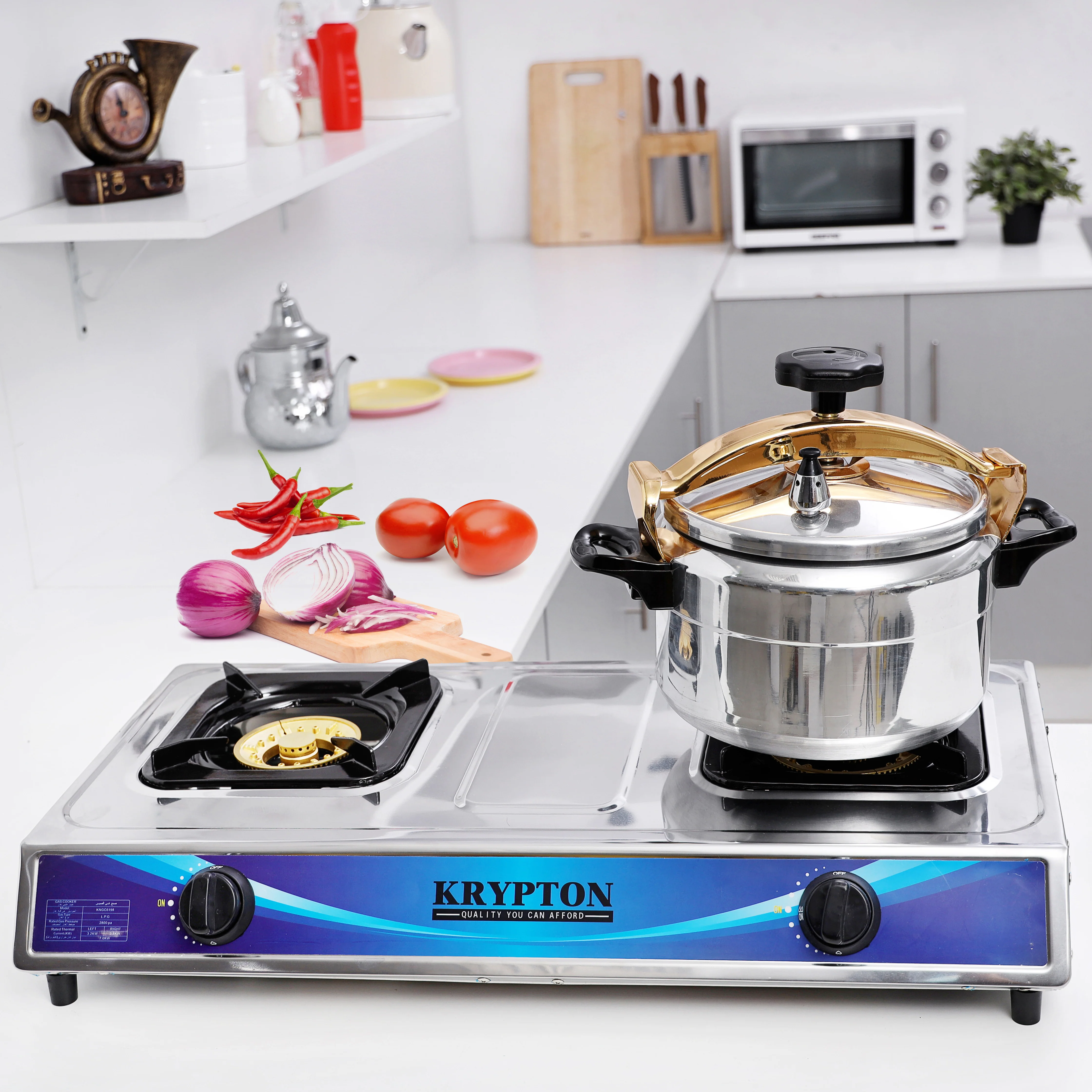 Krypton KNGC6198 Stainless Steel 2 Burner Gas Cooker | 7KW Heat Input with heavy-duty cast-iron burner ring| brass caps 100mm+120mm, auto ignition, enamel tray| - Image 2