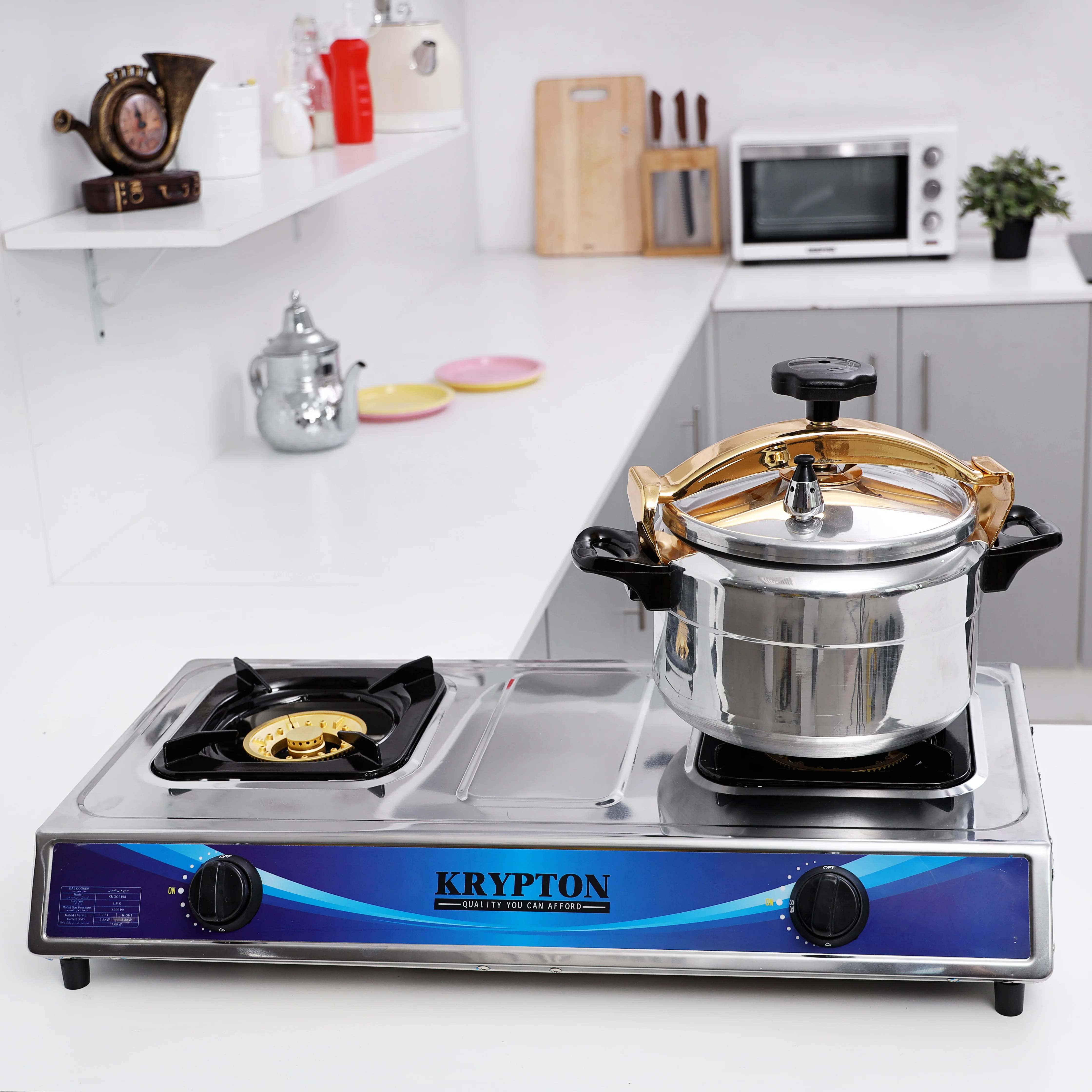 Krypton KNGC6198 Stainless Steel 2 Burner Gas Cooker | 7KW Heat Input with heavy-duty cast-iron burner ring| brass caps 100mm+120mm, auto ignition, enamel tray| - Image 5