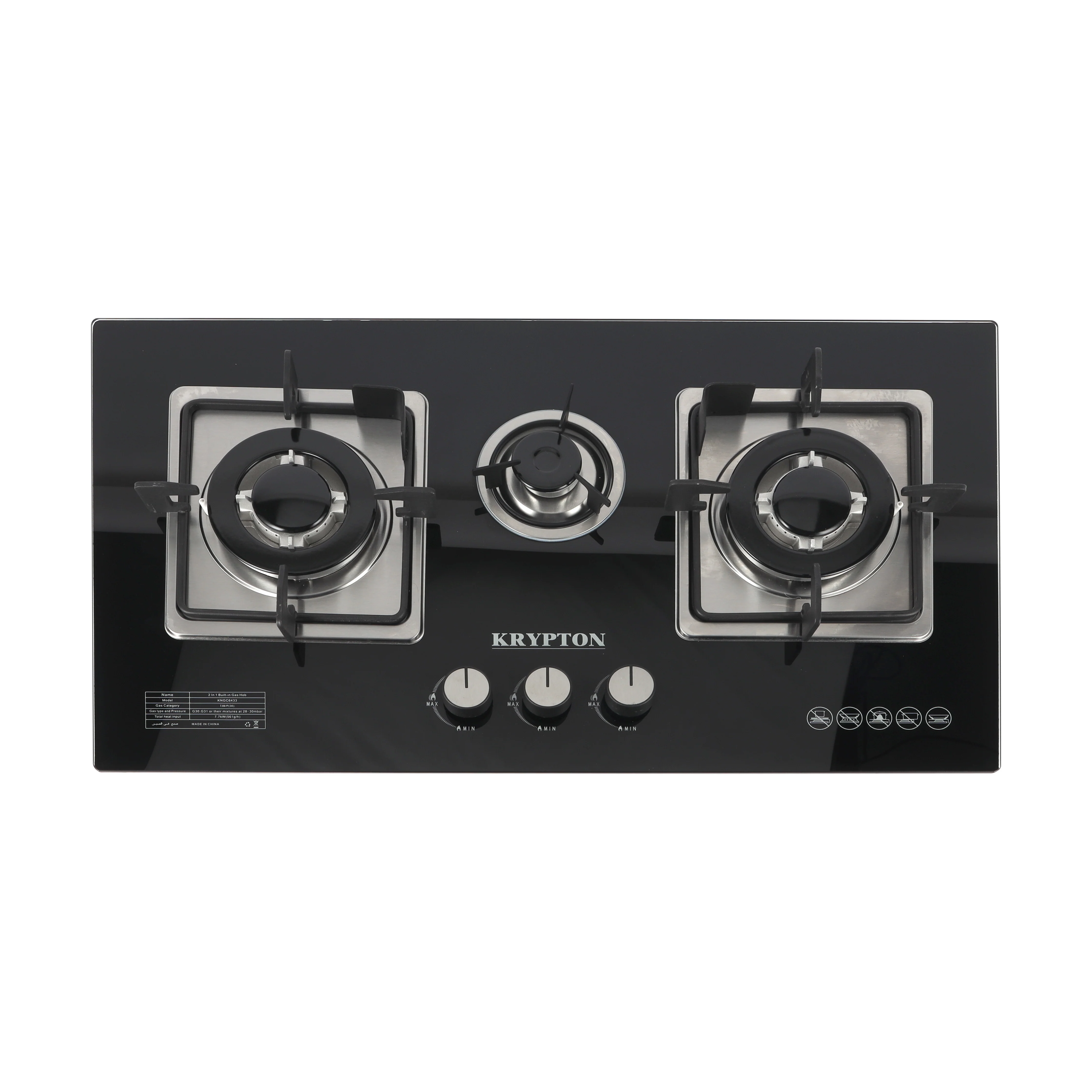 Krypton KNGC6433 Built-in Gas Hob | 3 Sabaf burners with durable tempered glass surface| pulse ignition system, strong pan supports, and efficient low gas consumption|