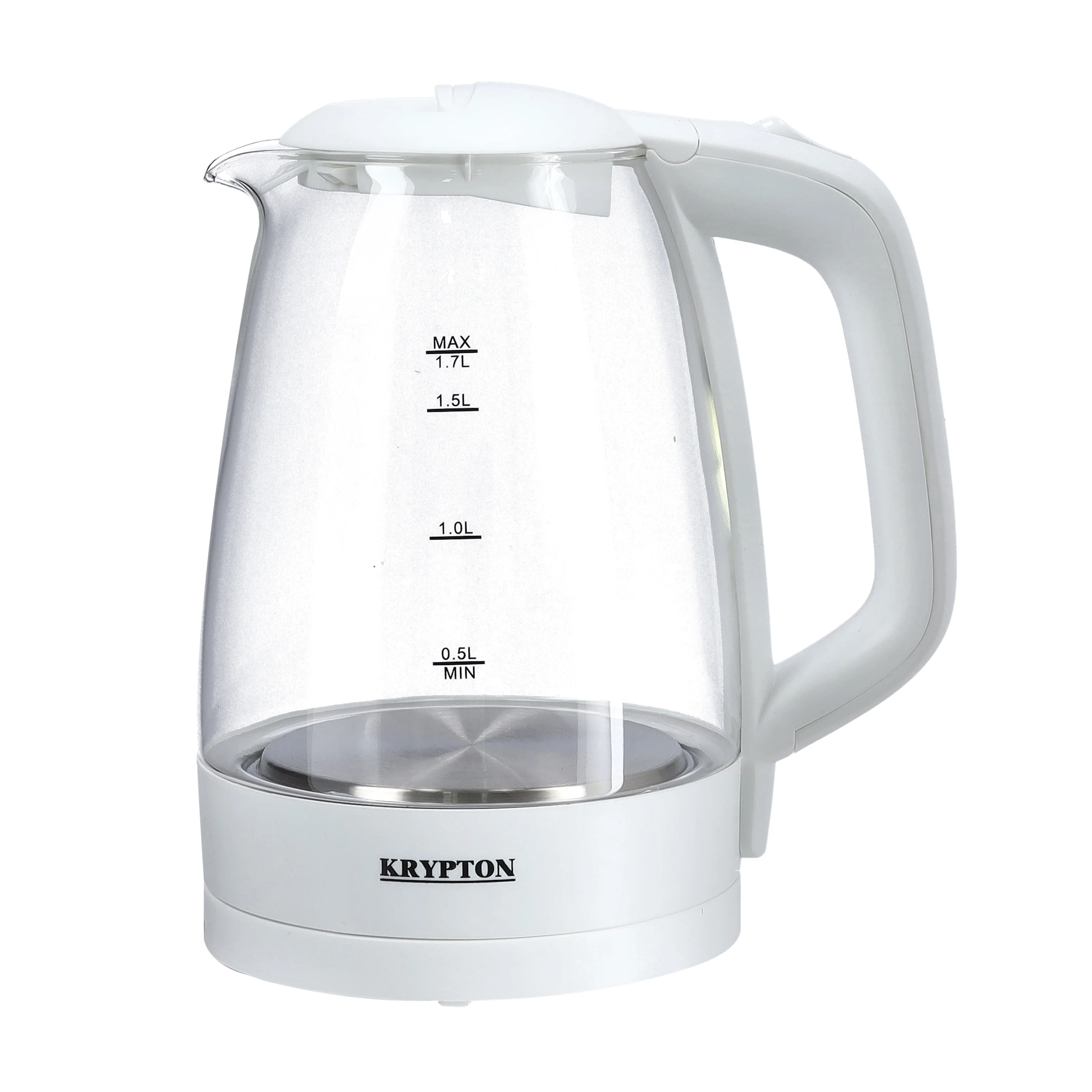 Krypton KNK5276 Electric Glass Kettle 1.7L | fast boiling performance, auto shut-off safety, boil dry protection, clear water gauge, and 360° cordless rotational base