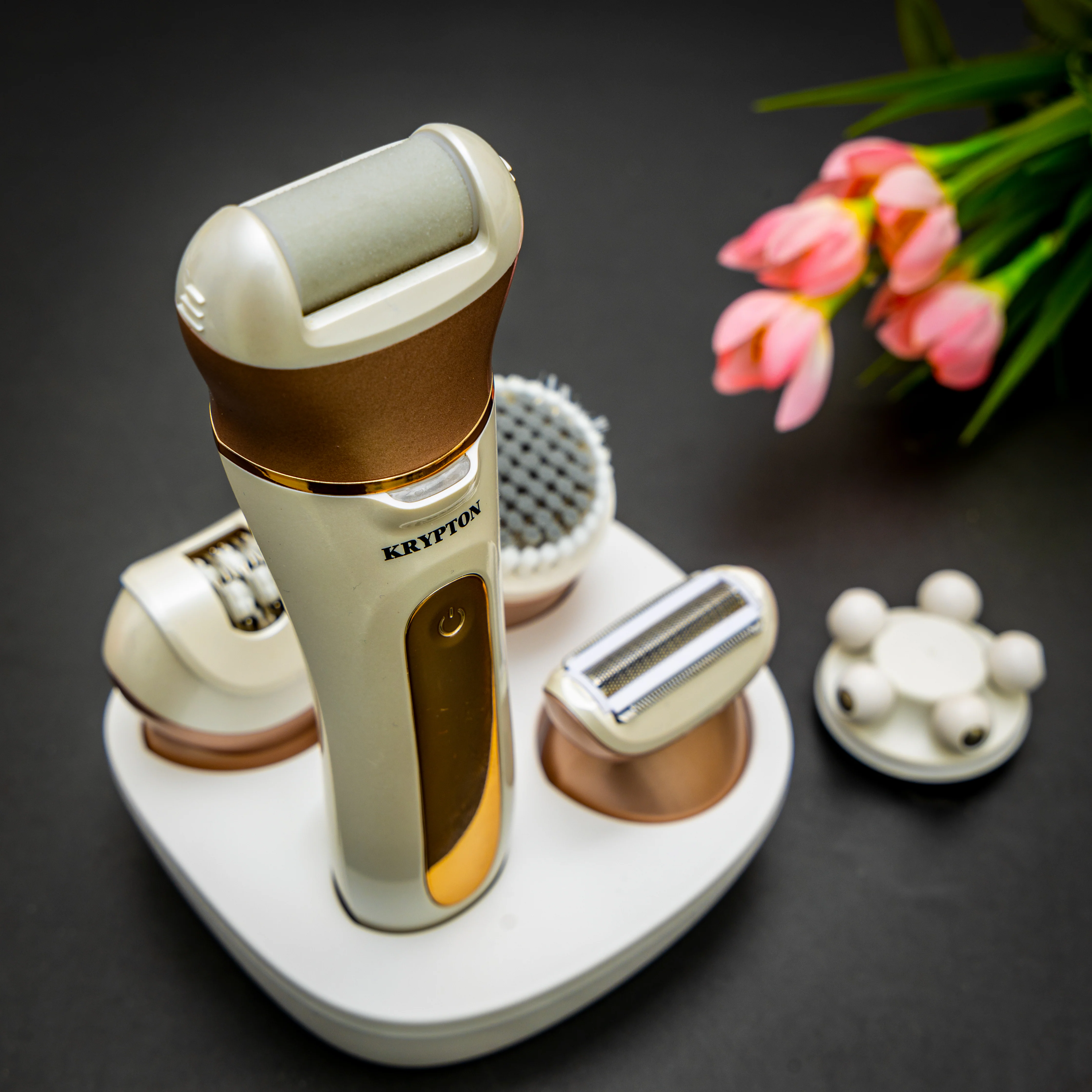 Krypton KNLS5407 6-in-1 Rechargeable Beauty Kit with epilator | shaver, massage roller, foot care & brush attachments, LED indicator, lithium battery & charging base - Image 3