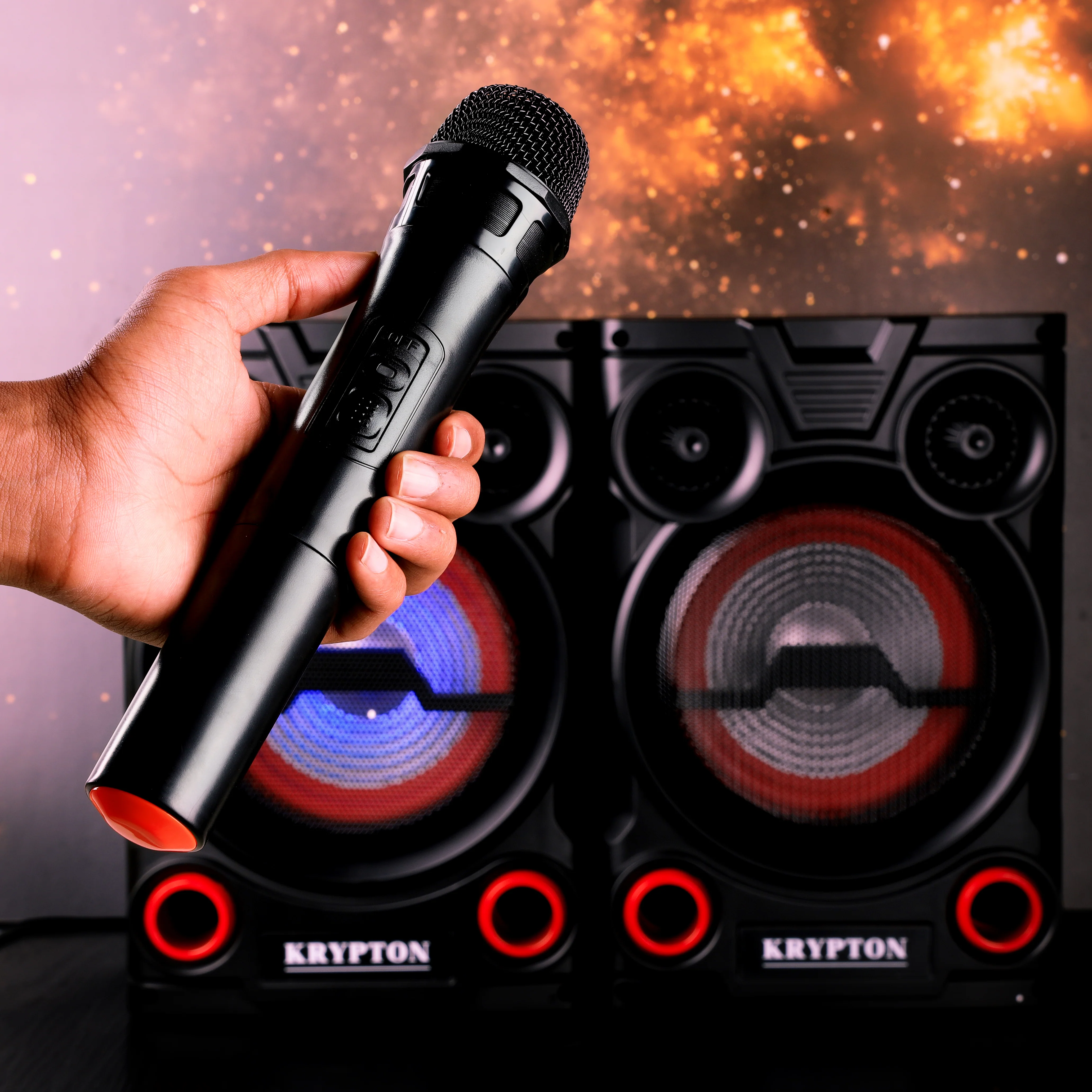 Krypton KNMS5195 2.0 Professional Speaker | powerful sound with Bluetooth connectivity, USB and FM playback, colorful lights, AUX input, & wireless mic for karaoke fun - Image 4