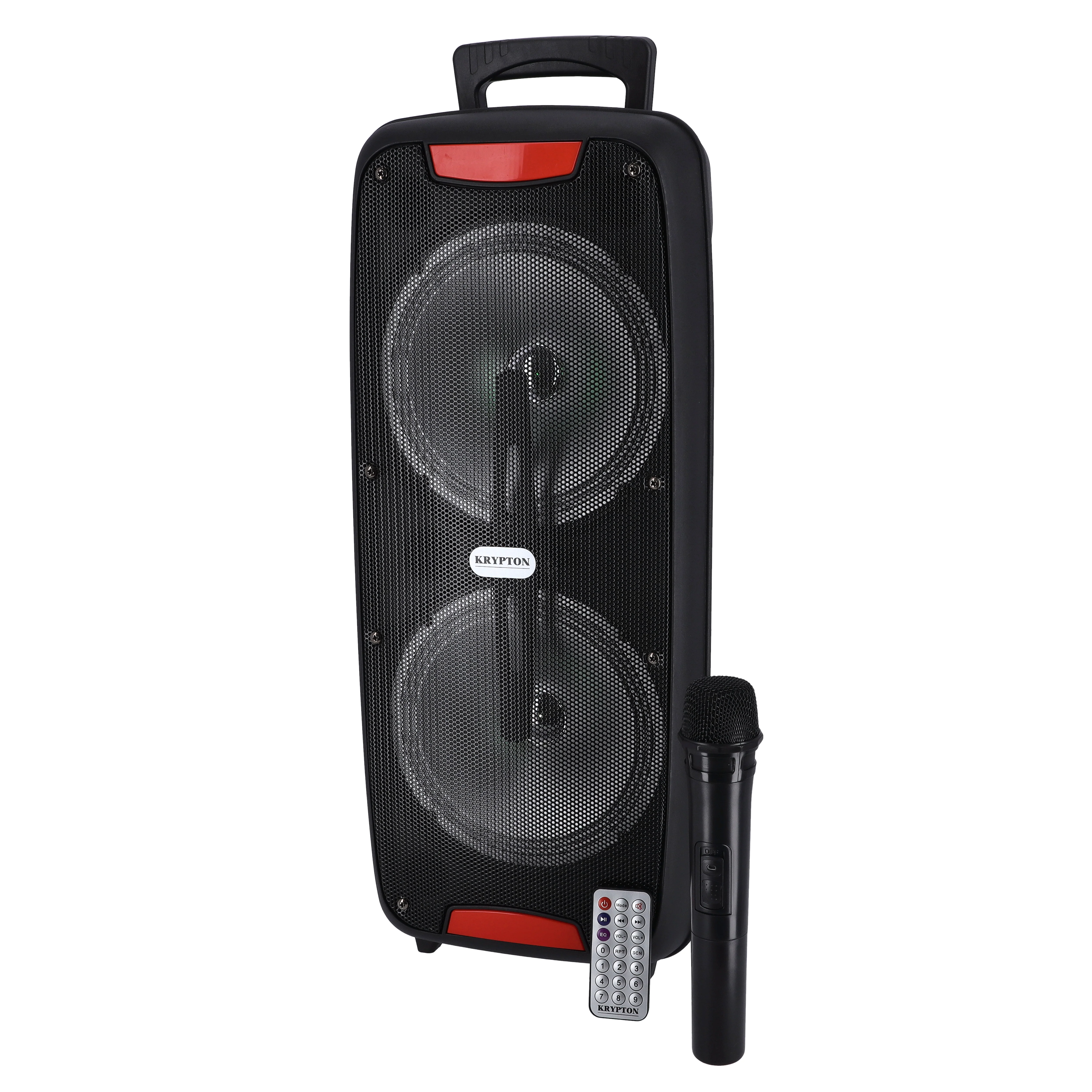 Krypton KNMS5398 Rechargeable Professional Speaker with dual 8” woofers| Bluetooth ,|wireless mic, FM radio, LED display, and powerful portable sound performance