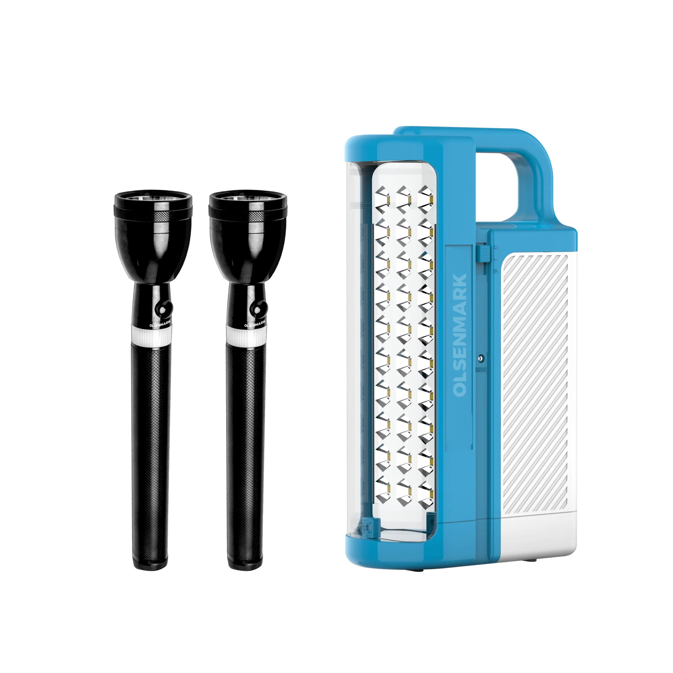 Olsenmark OMEFL2837 Flashlight & LED Lantern Combo with 2 Flashlights| 30 SMD LED Lantern & Rechargeable Battery| Long Range 2000m Beam, Outdoor Lighting Solution|