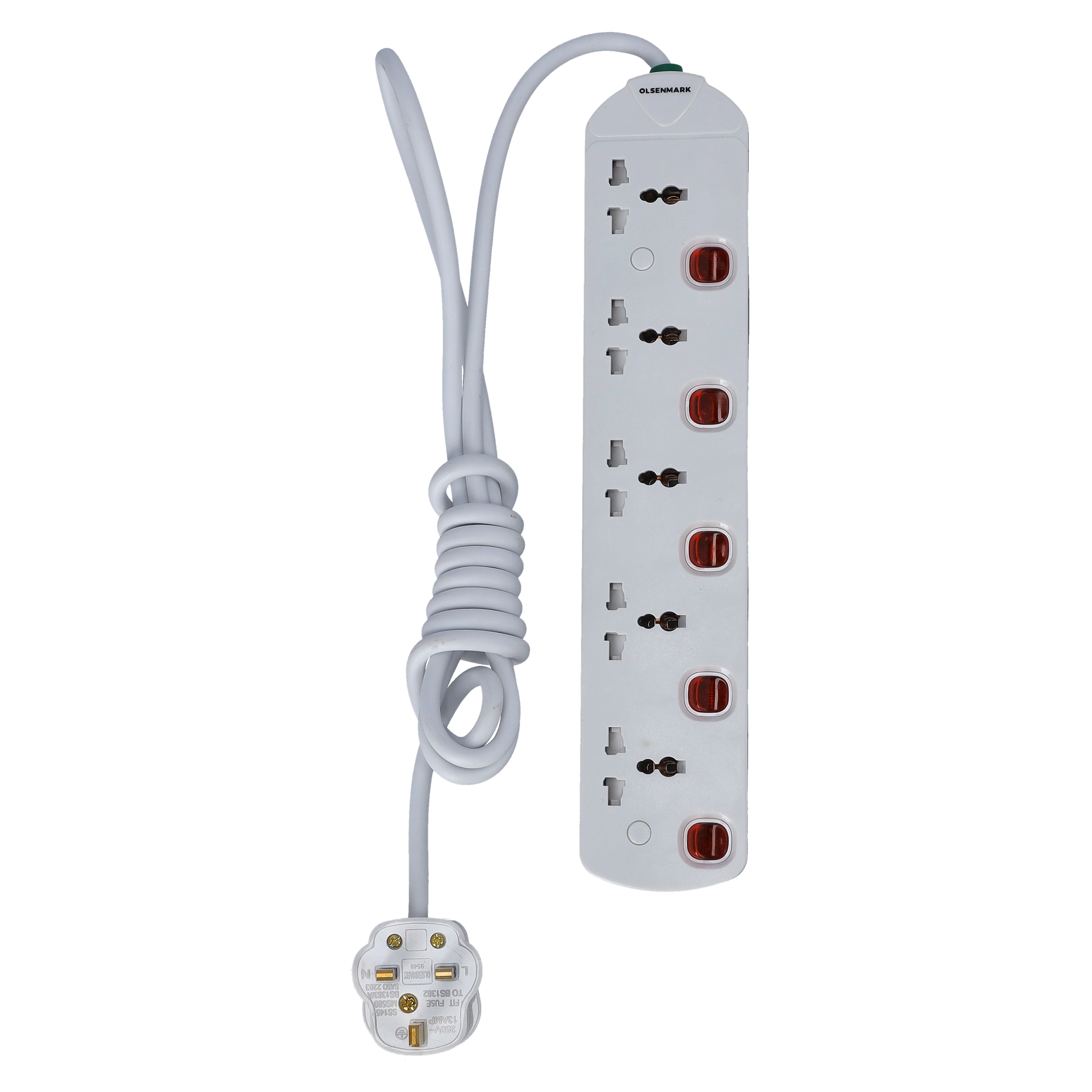 Olsenmark OMES1812 5 Way Extension Socket| 13A power capacity, child protection & energy saver design| high quality copper components with durable 2-meter cable|