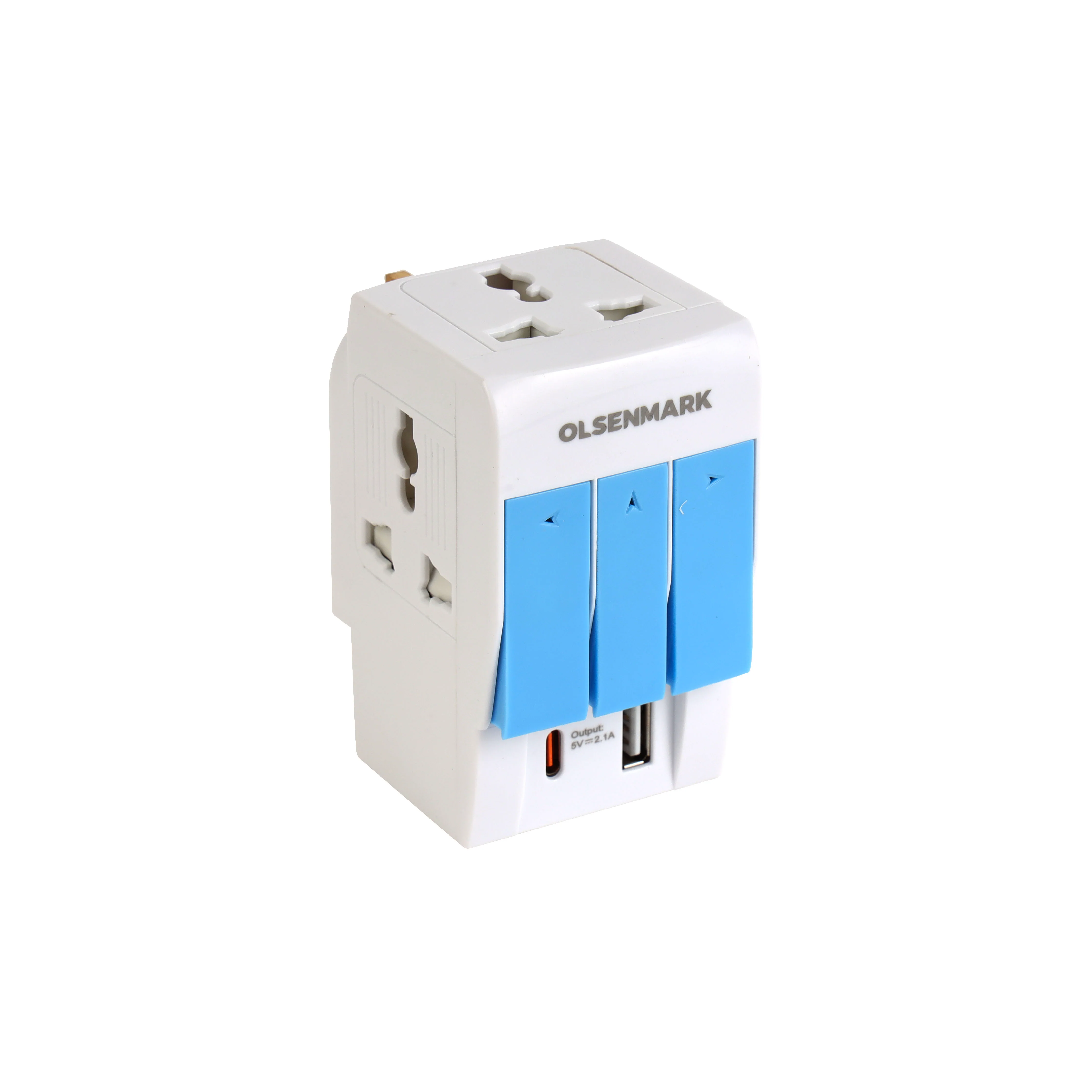 Olsenmark OMES1890 3 Way Multi Adaptor| USB & Type-C charger with supports 13A 250V & 3250W max load| 5V 2.1A USB output & neon indicator for safe multi-device charging|