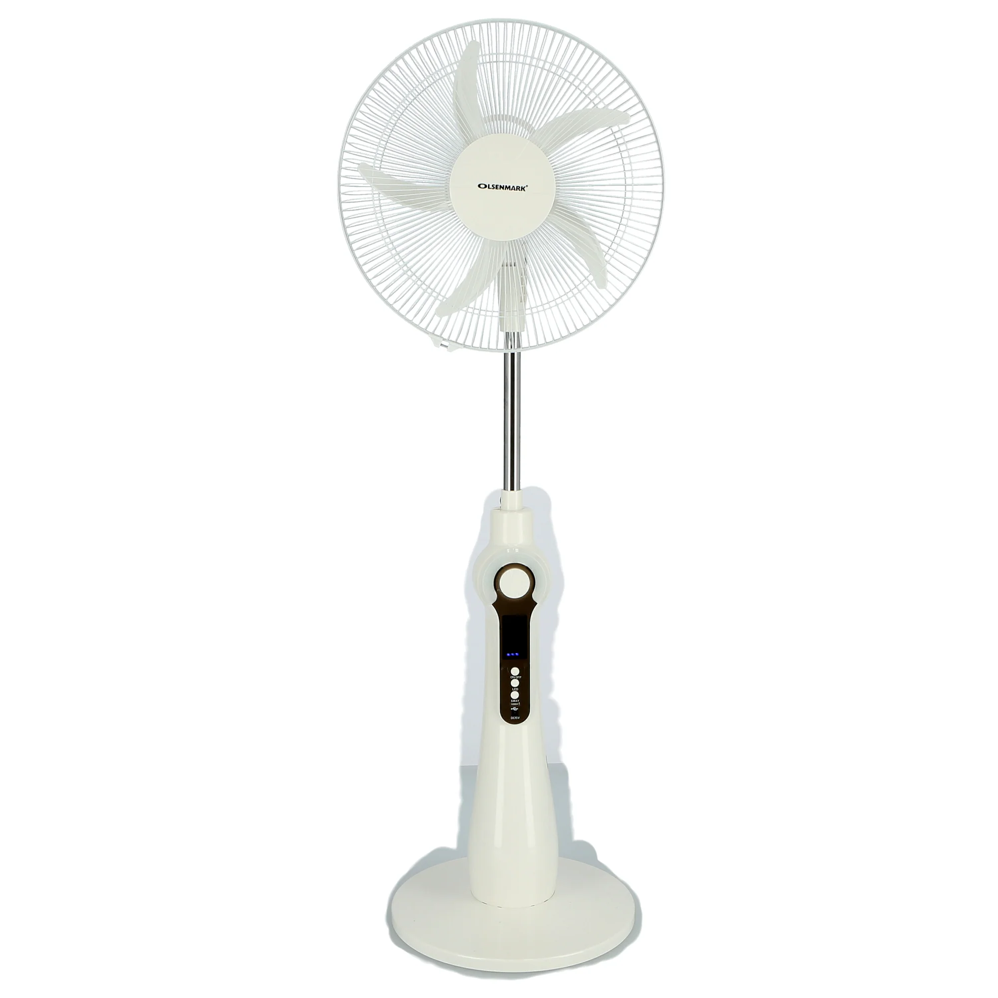 Olsenmark OMF1784 16 Inch Rechargeable Stand Fan| Remote Control, Solar Connection & 16 LED Night Light| 12V 4.5Ah Battery, Timer Function & Long Backup Cooling|