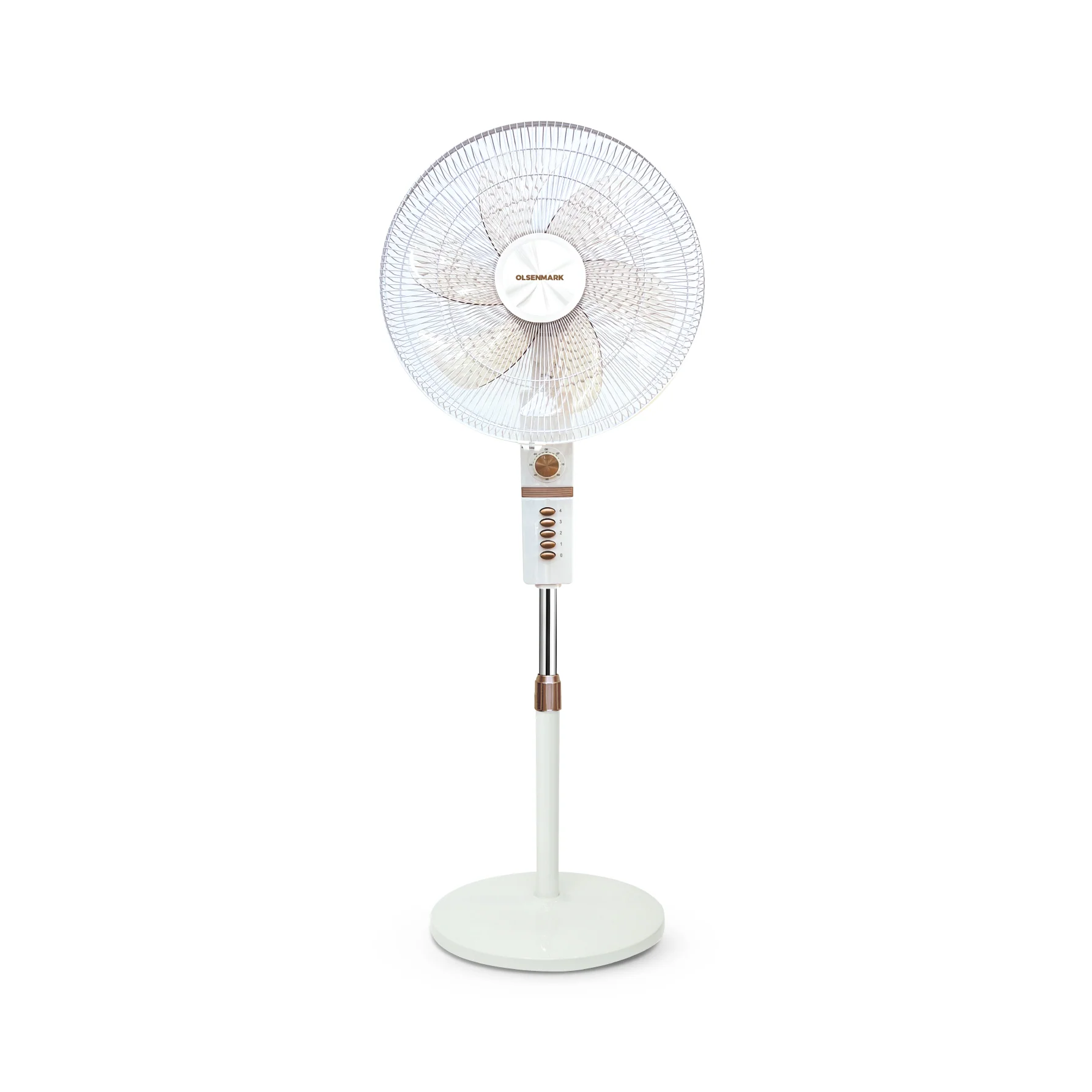 Olsenmark OMF1788 18-inch stand fan | 70W copper motor, 4-speed settings with 60-minute timer| 6-leaf blades, oscillation, adjustable height, and tilt function|