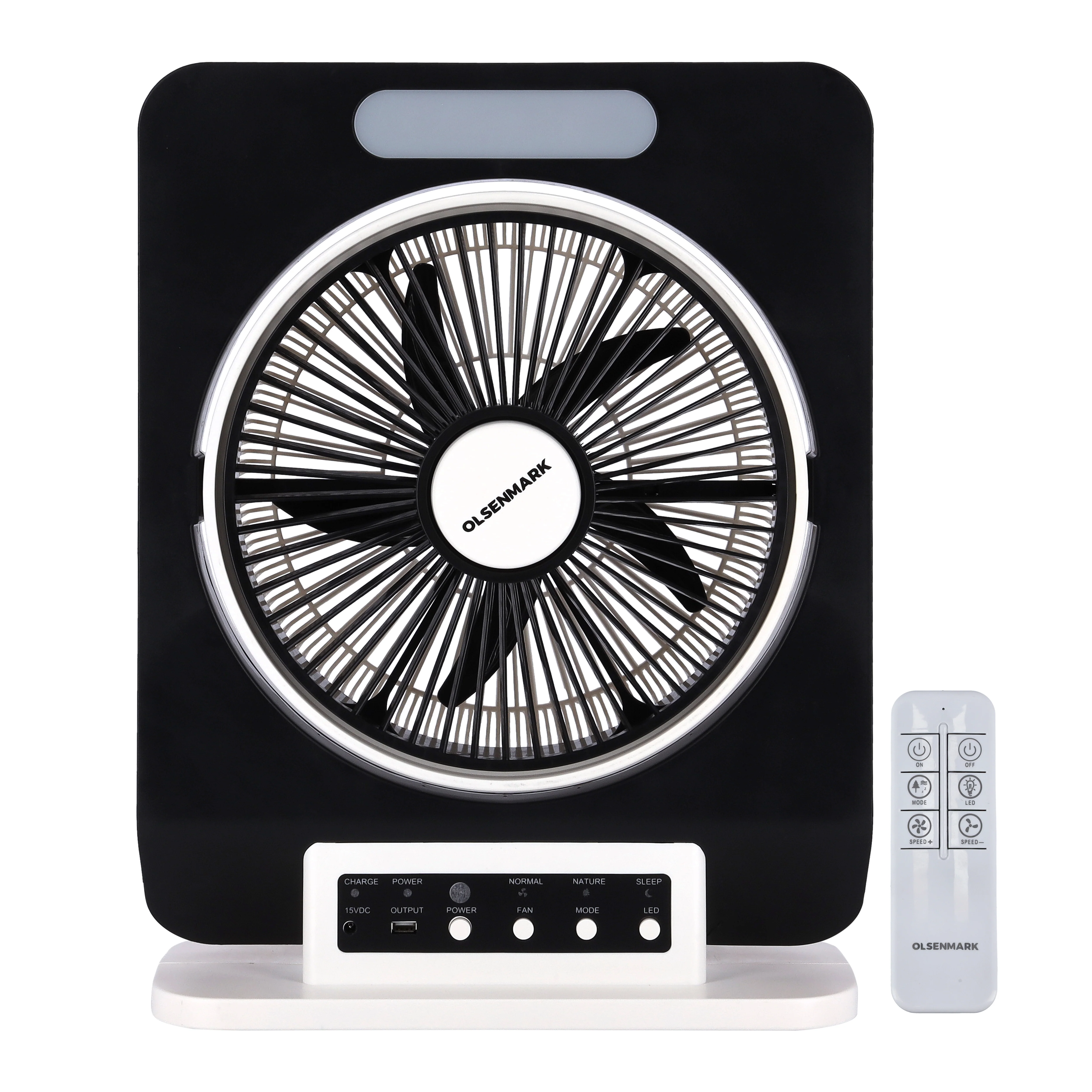 Olsenmark OMF1795 12 Inch Remote Control Rechargeable Fan| LED Light, Solar Connection & 12V 7Ah Battery| USB Mobile Charging, Powerful Motor & Up to 10 Hours Backup|