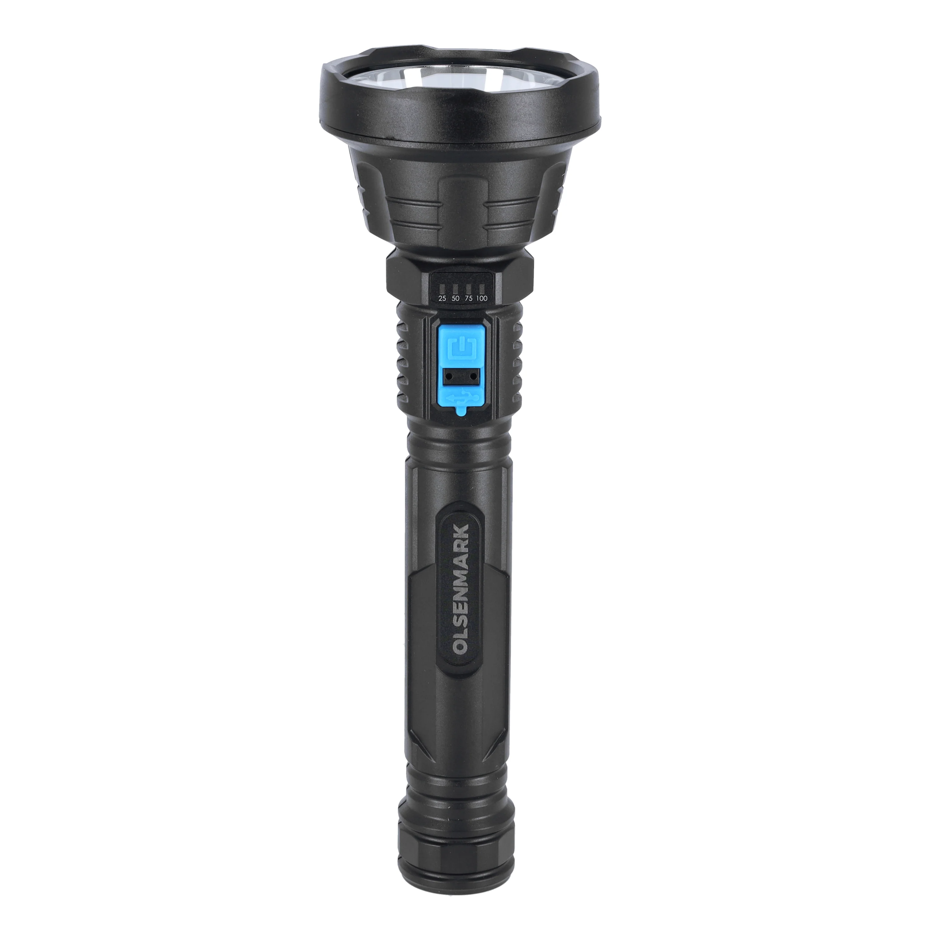Olsenmark OMFL2806 Rechargeable LED Flashlight| 7W Cree XML T6 LED with 6800mAh battery| 5000m long-range beam, IPX6 waterproof ABS body & smart battery level display|