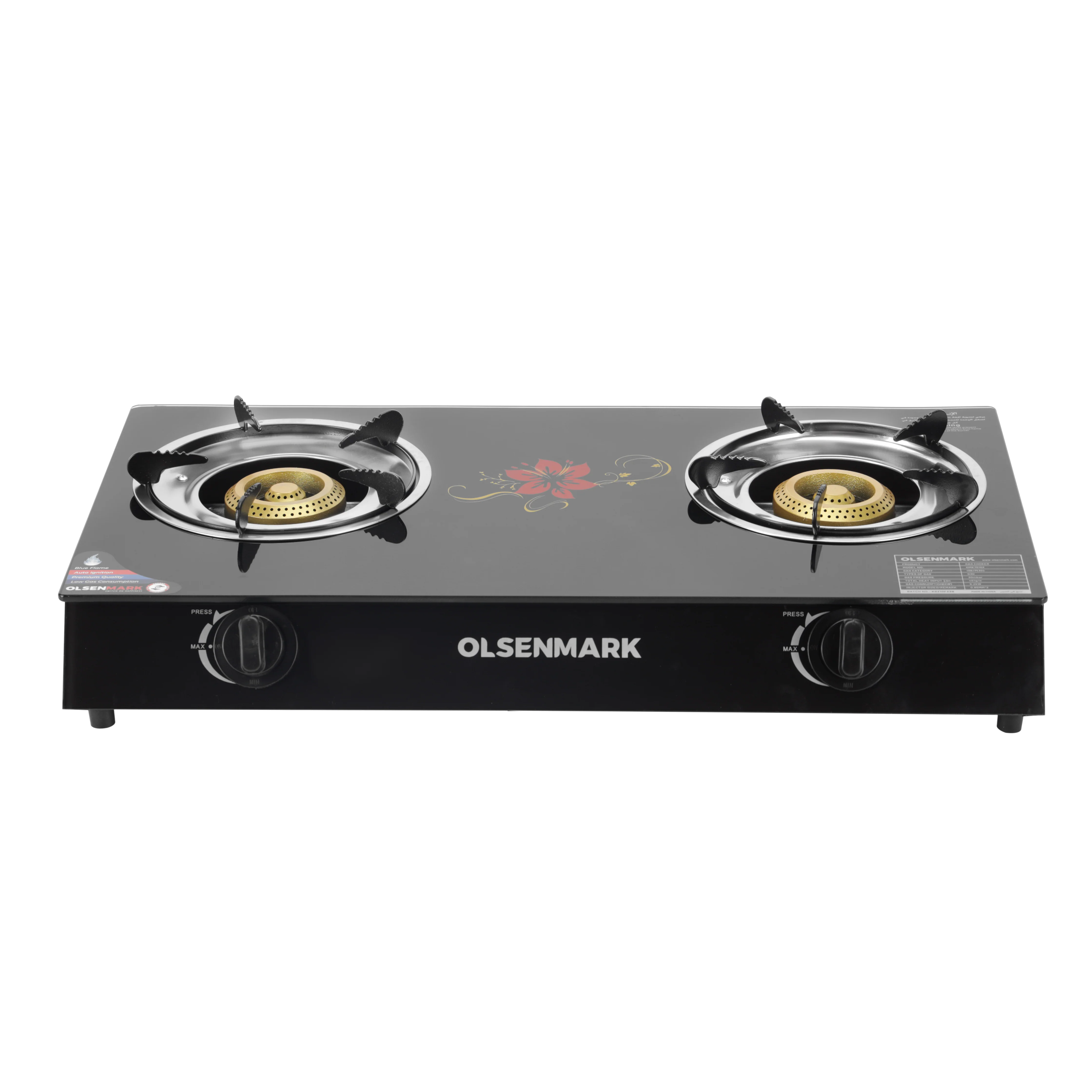 Olsenmark OMK7010 2-Burner Gas Cooker| tempered glass top with piezoelectric ignition & stainless-steel tray| blue flame efficiency, low gas consumption, easy to clean|