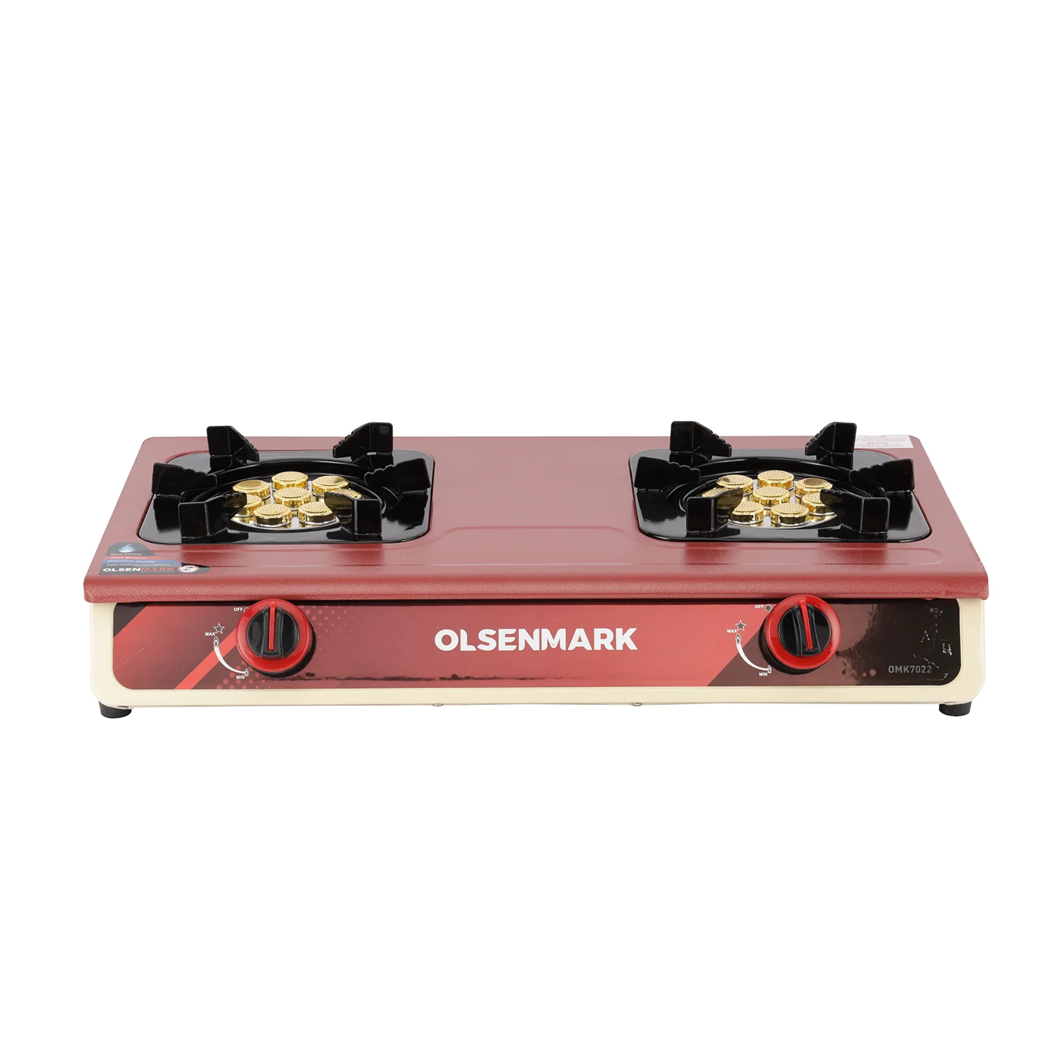 Olsenmark OMK7022 Double Burner Gas Cooker| heavy duty coated panel, automatic ignition with powerful burners| heavy pan support, easy cleaning and low gas use|