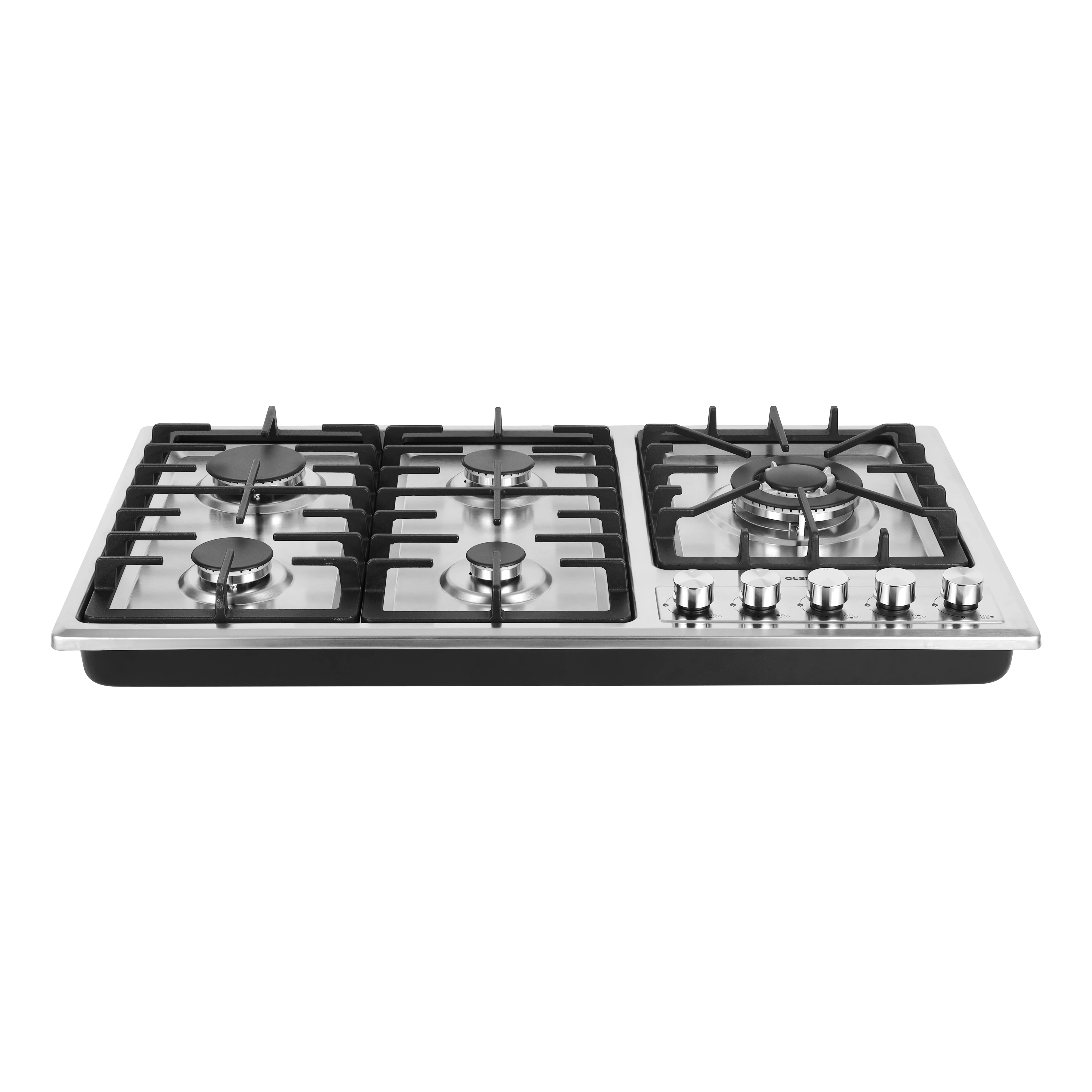 Olsenmark OMK7034 5 in 1 Gas Hob| five burners, stainless steel panel and heavy cast iron pan | auto impulse ignition, LPG compatibility and free gas hose pipe|