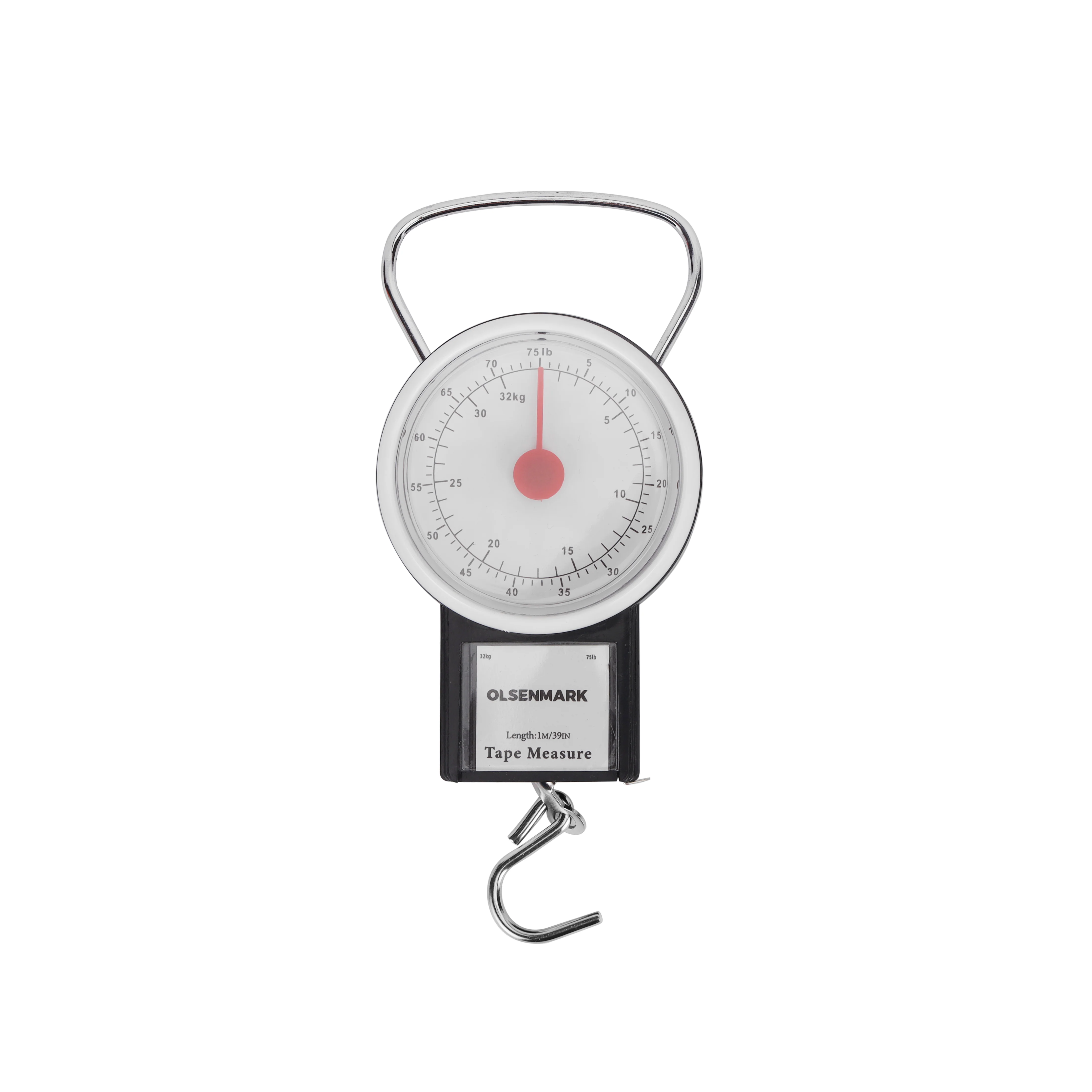 Olsenmark OMLS2359 Mechanical Luggage Scale with Tape Measure| 32kg/75lb capacity, 1m soft tape & dual kg/lb units| comfort grip handle and steel hook, no battery needed|