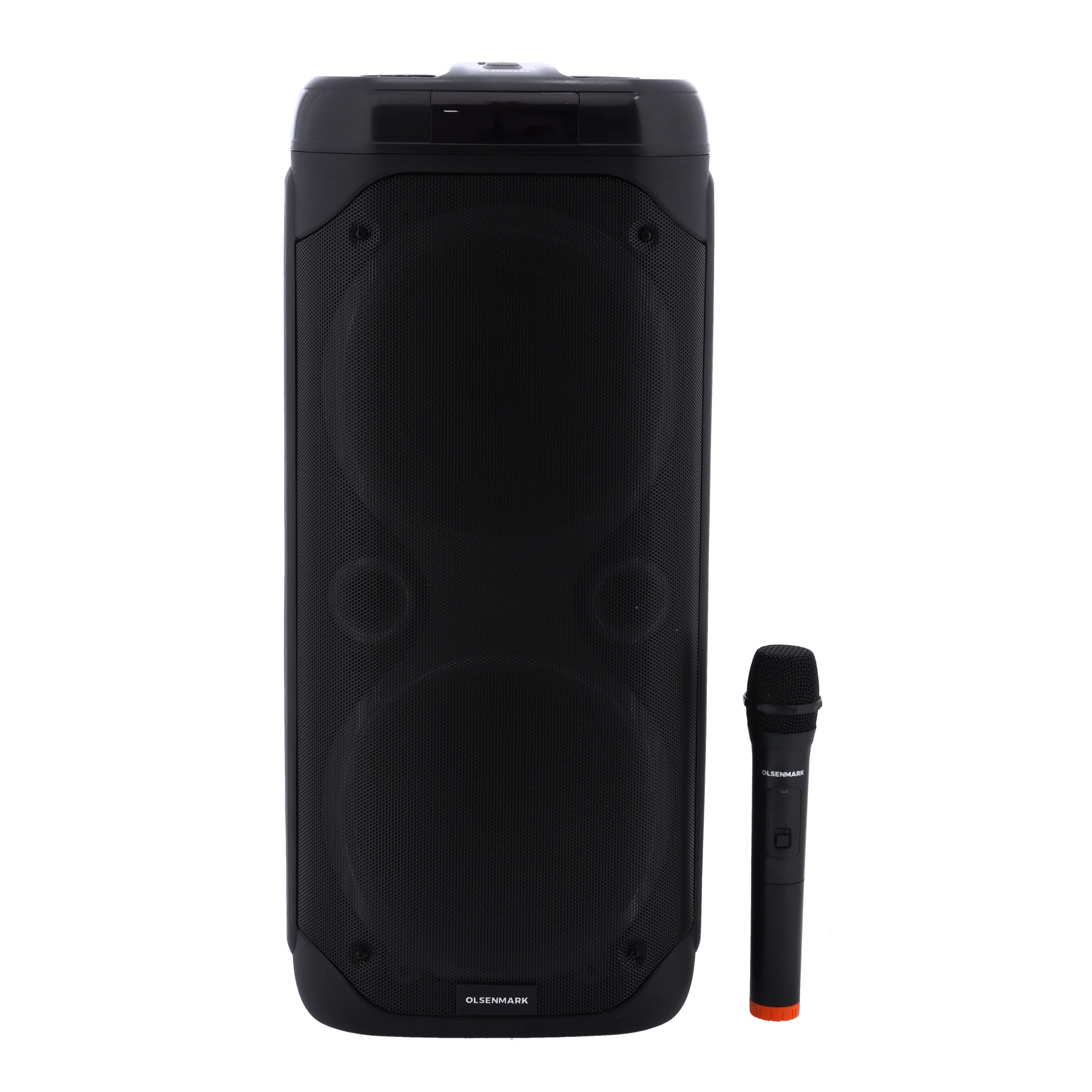 Olsenmark OMMS1279 Party Speaker | features dual 8” woofers, 50000W PMPO output| Bluetooth streaming, DJ light show, USB/TF, FM radio, recording and mic inputs|