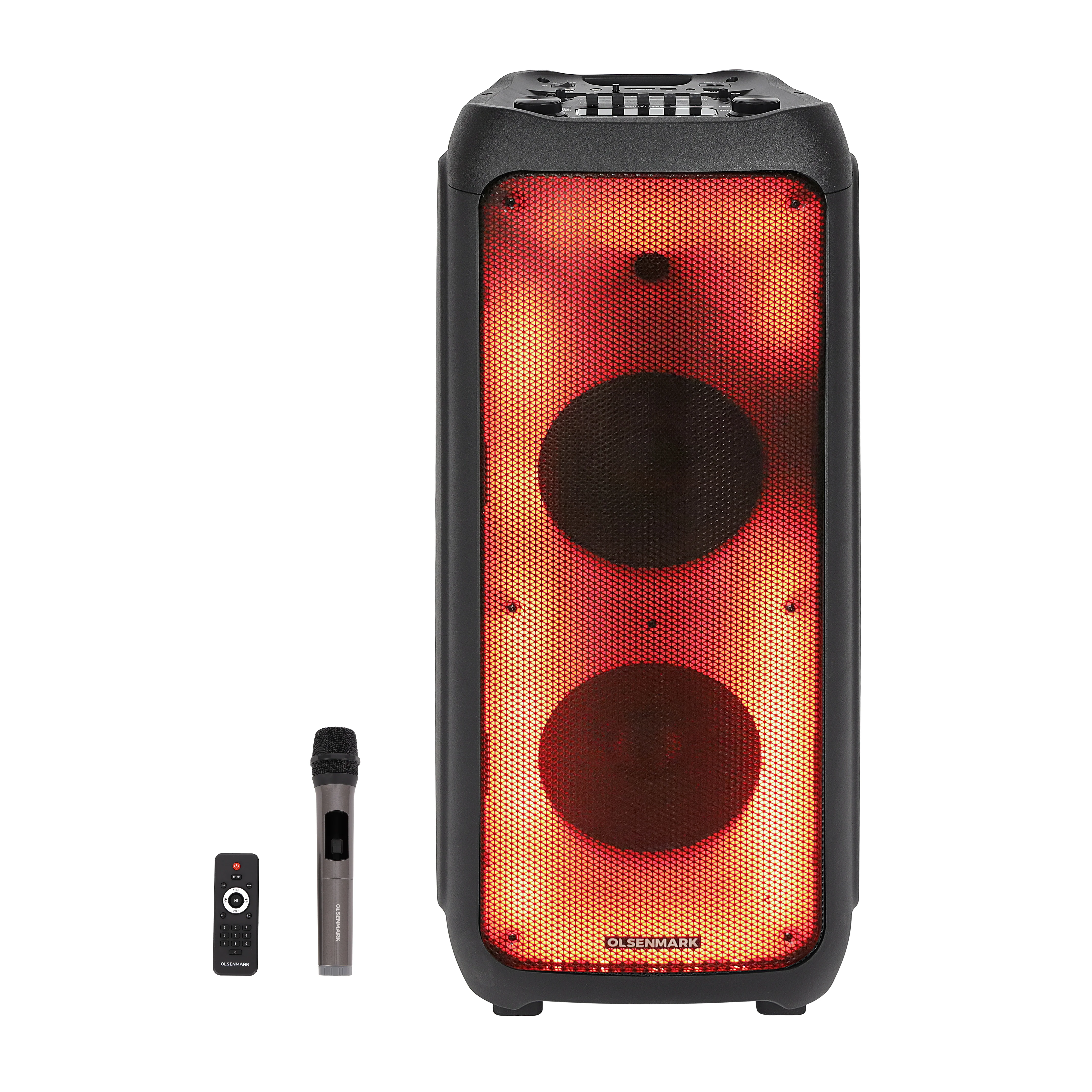 Olsenmark OMMS1280 Party Speaker| dual 10” woofers with 22000W PMPO & Bluetooth streaming| USB/TF input, FM radio, LED lights, mic input and powerful bass sound|
