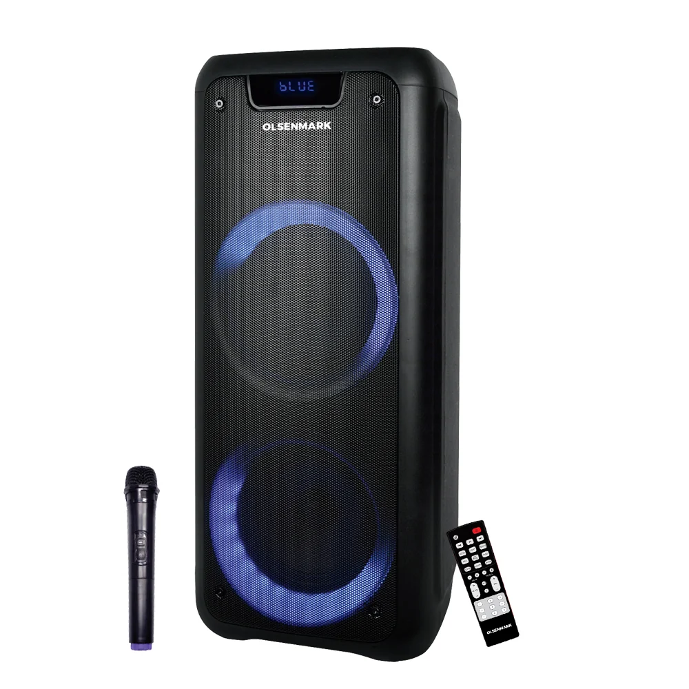 Olsenmark OMMS1285 2x6.5" Rechargeable Party Speaker| 12000W PMPO with Bluetooth streaming & USB/TF input| FM radio, LED DJ lights, dual mic input, 4–5h battery backup|