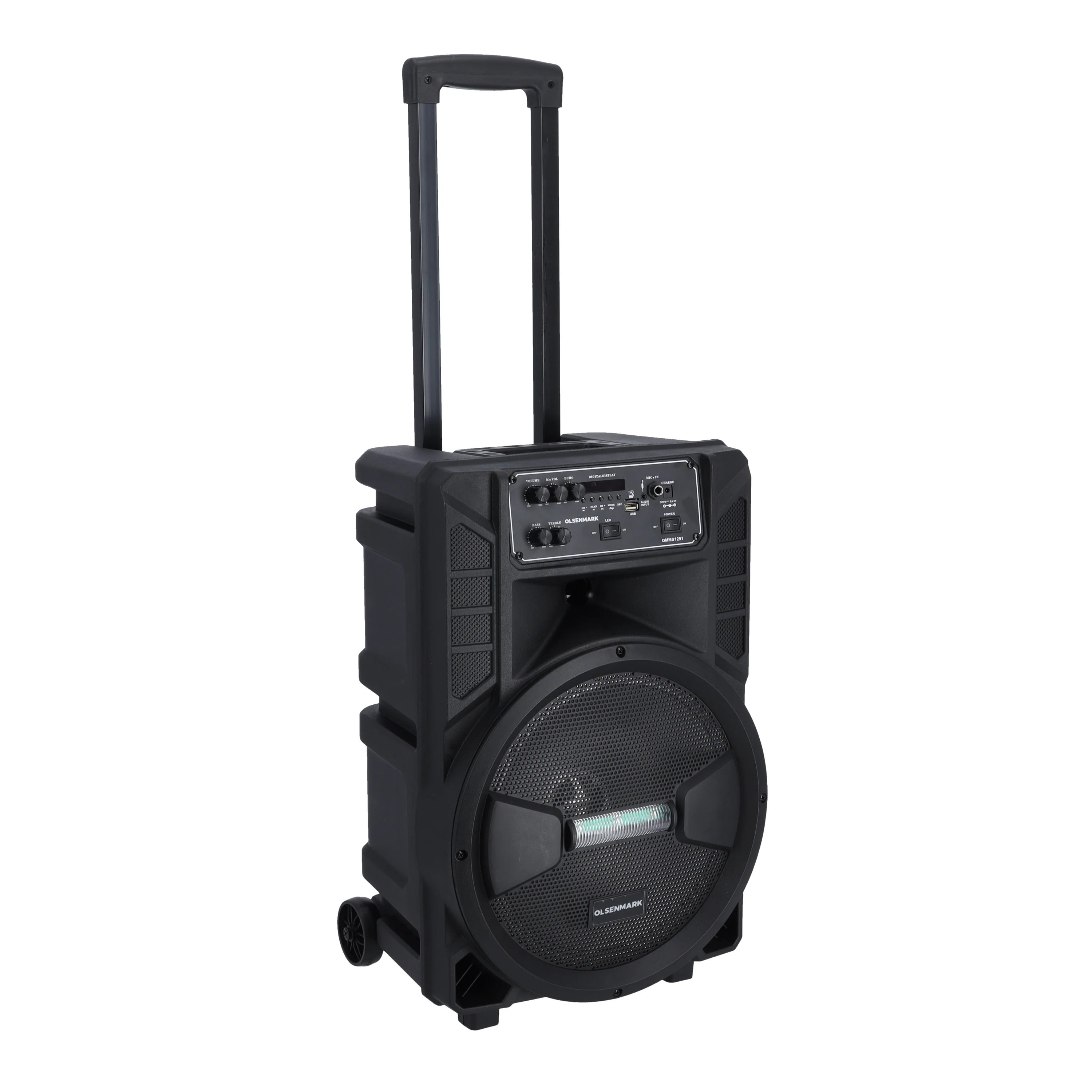 Olsenmark OMMS1291 Rechargeable Party Speaker| 12” woofer + tweeter, 8W x2, Bluetooth| USB, SD, FM, MIC input & wireless mic, remote, LED lights, ideal for karaoke|