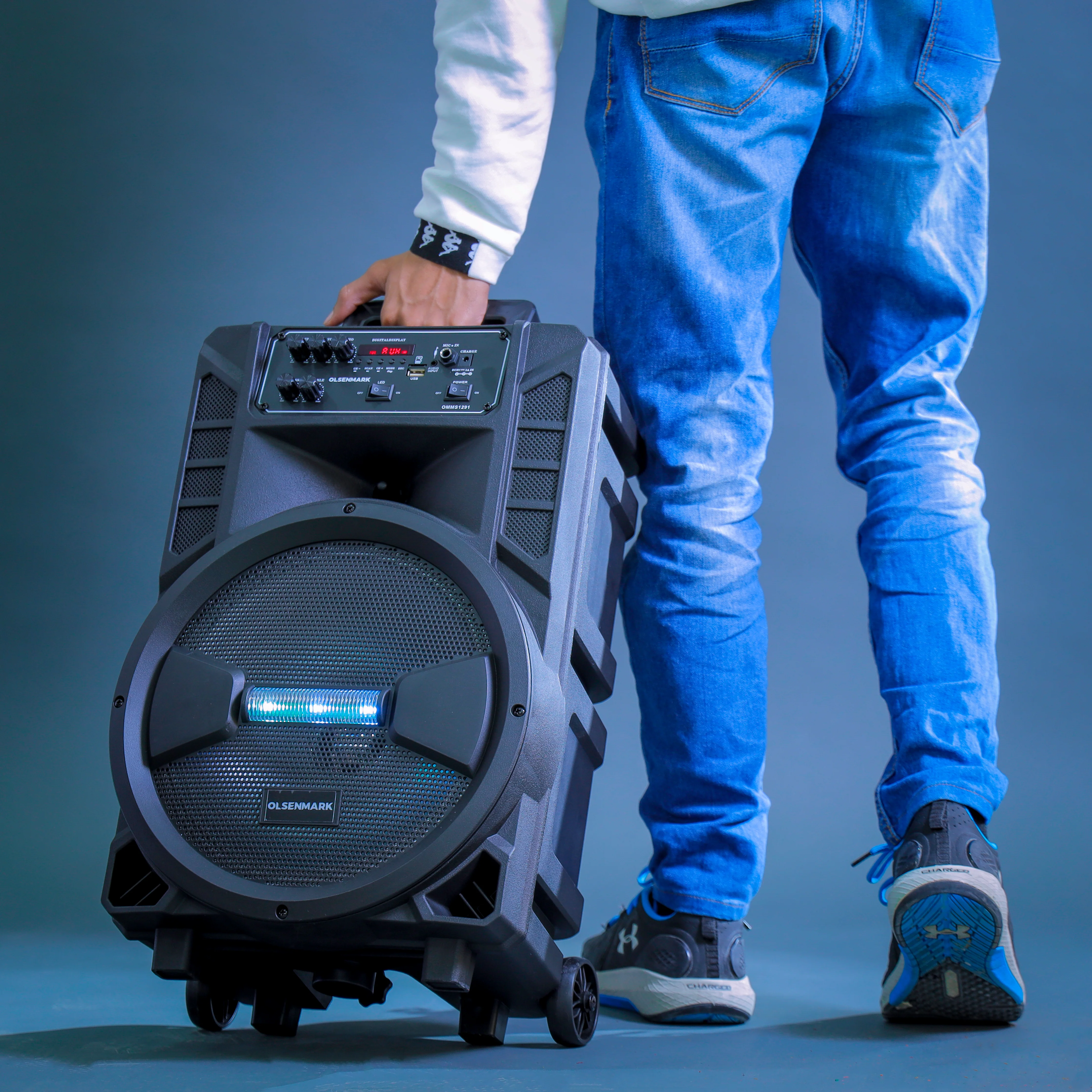 Olsenmark OMMS1291 Rechargeable Party Speaker| 12” woofer + tweeter, 8W x2, Bluetooth| USB, SD, FM, MIC input & wireless mic, remote, LED lights, ideal for karaoke| - Image 5