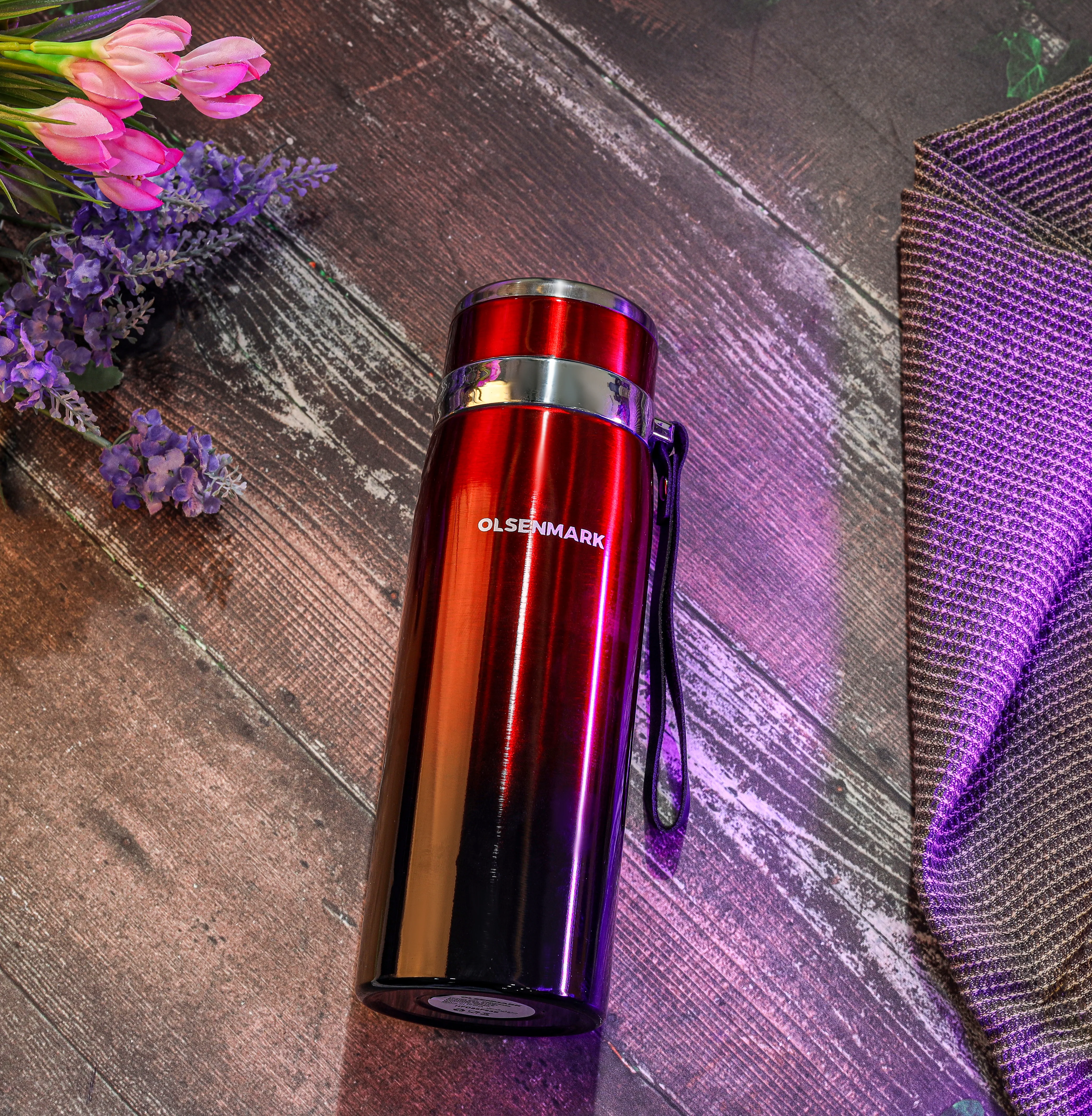 Olsenmark OMVF2485 800ml stainless steel vacuum bottle| double-wall insulation to keep drinks hot or cold longer| leak-resistant lid, 304 steel body, and carry strap| - Image 2
