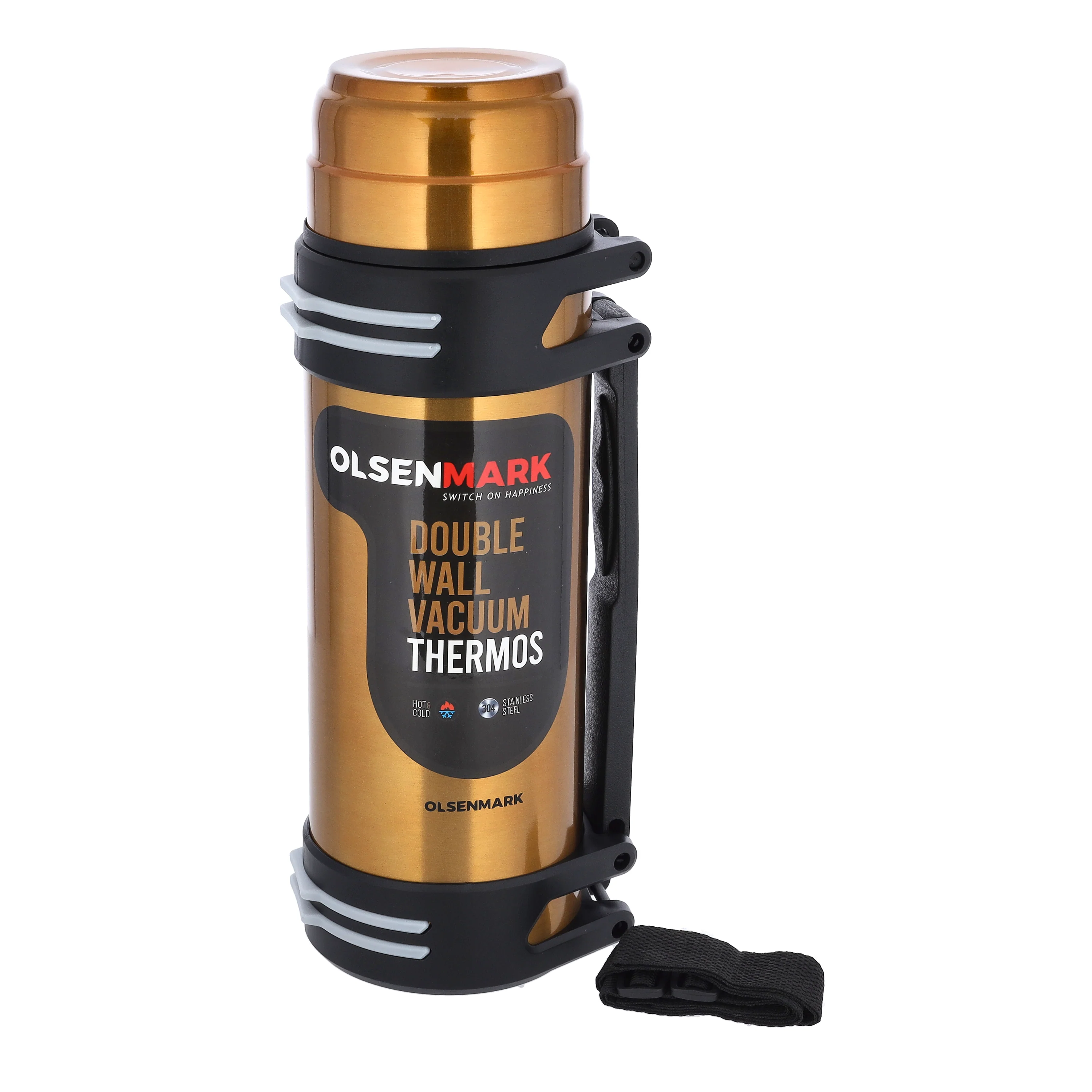 Olsenmark OMVF2500 Stainless Steel Vacuum Thermos | double wall vacuum insulation, folding handle & strap| built-in steel cup, wide mouth, hot & cold retention|