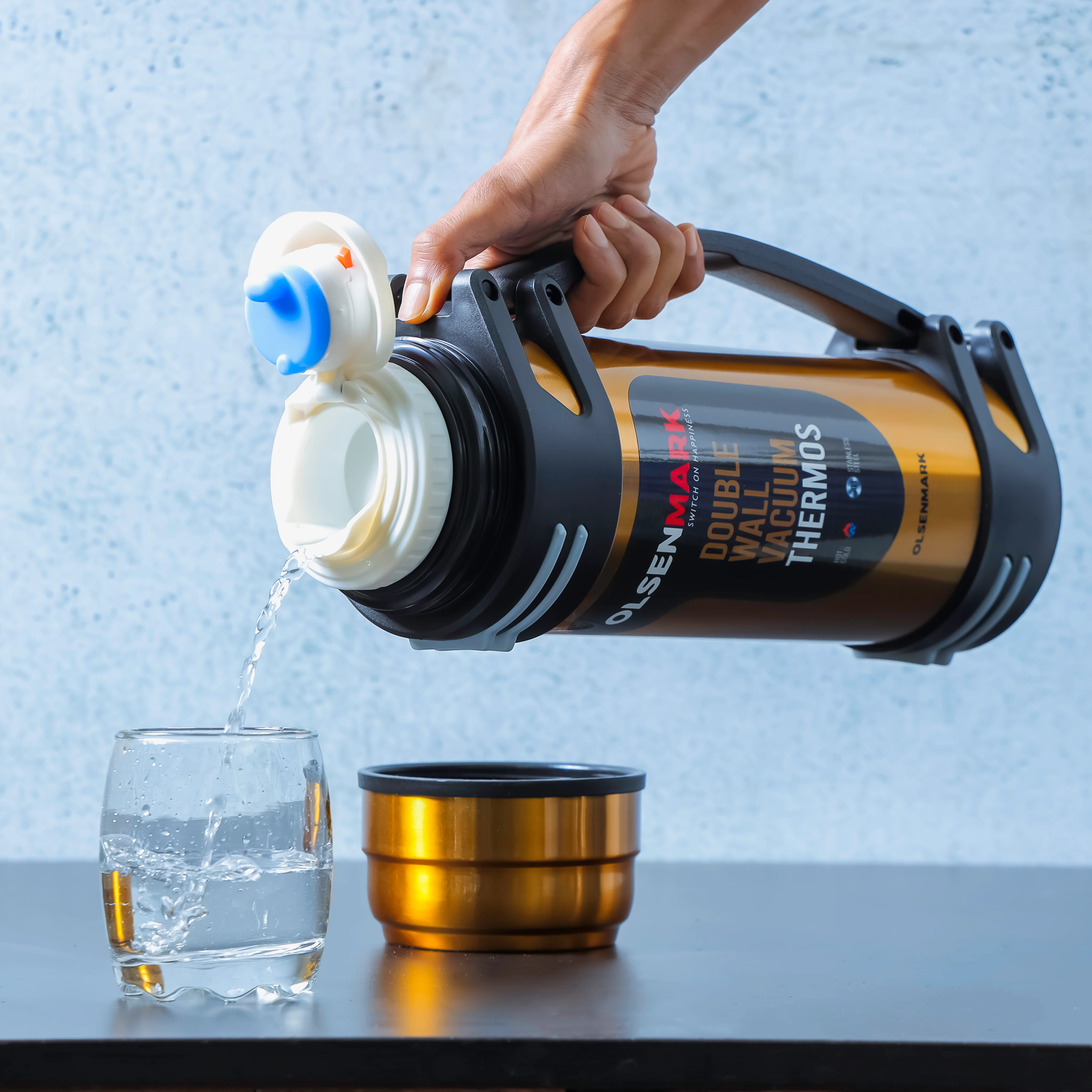 Olsenmark OMVF2500 Stainless Steel Vacuum Thermos | double wall vacuum insulation, folding handle & strap| built-in steel cup, wide mouth, hot & cold retention| - Image 5