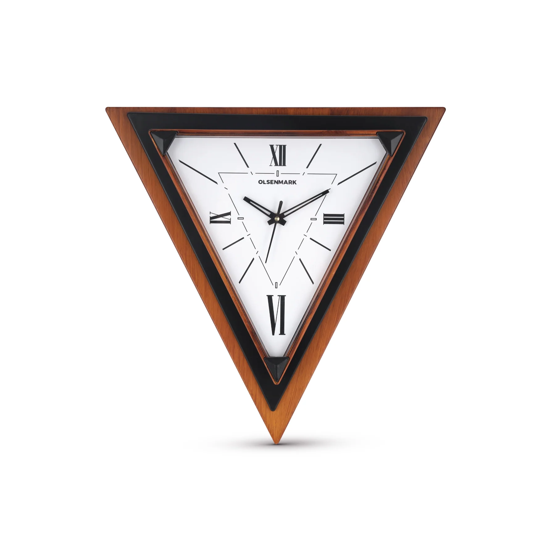 Olsenmark OMWC1925 Triangular Designer Wall Clock| Silent Quartz Modern Wall Clock with Geometric Frame| Roman Numeral Display and Stylish Décor for Home and Office Use|