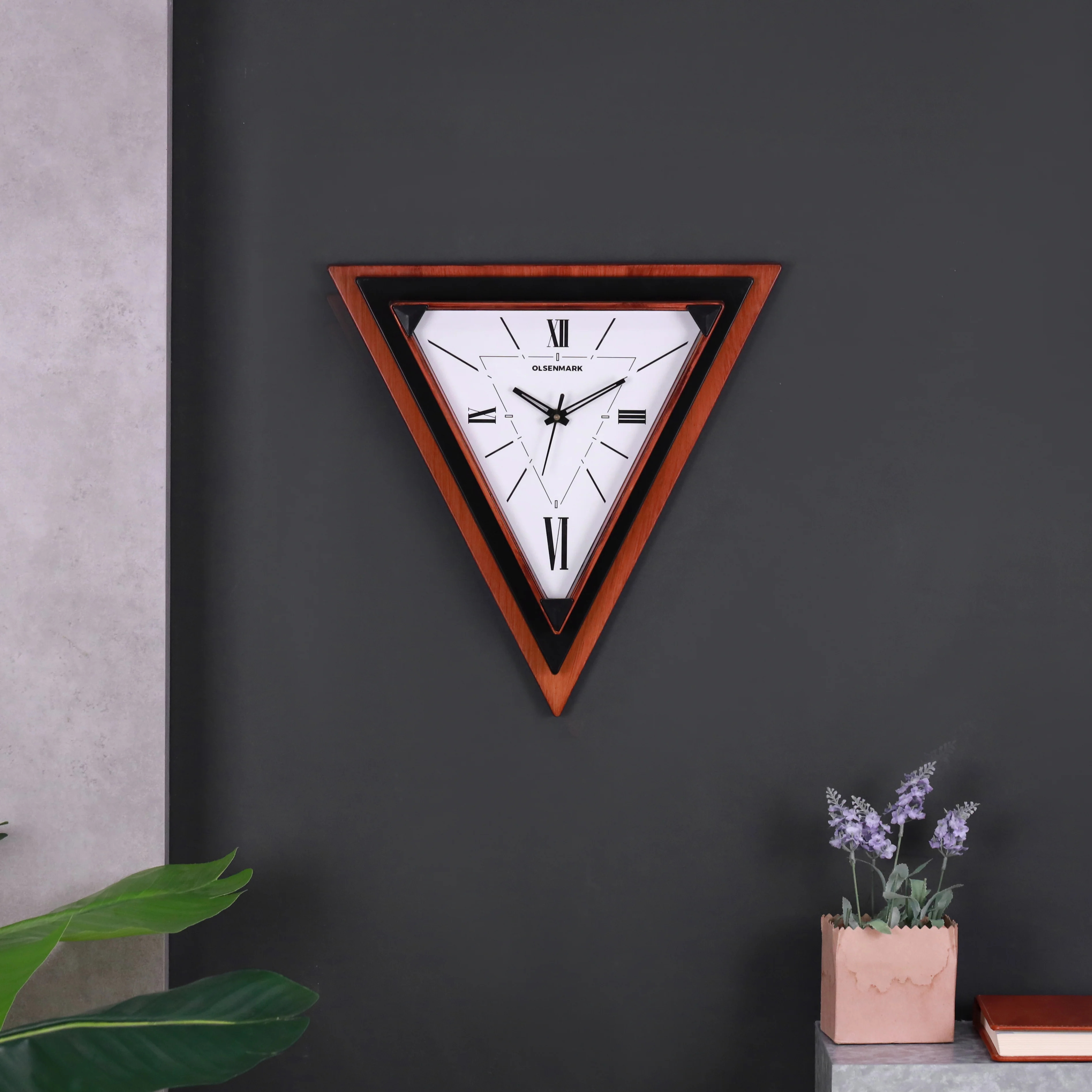 Olsenmark OMWC1925 Triangular Designer Wall Clock| Silent Quartz Modern Wall Clock with Geometric Frame| Roman Numeral Display and Stylish Décor for Home and Office Use| - Image 2