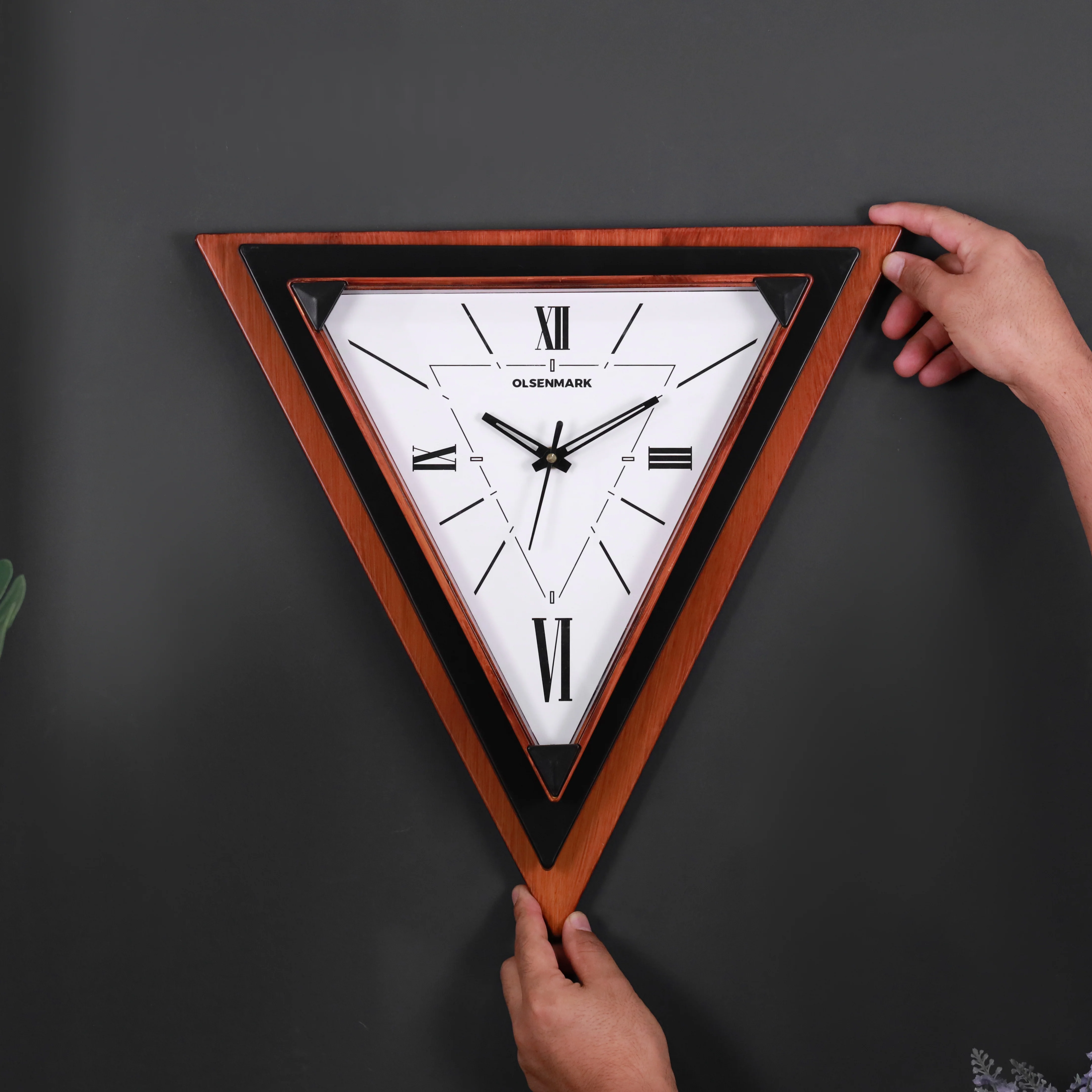 Olsenmark OMWC1925 Triangular Designer Wall Clock| Silent Quartz Modern Wall Clock with Geometric Frame| Roman Numeral Display and Stylish Décor for Home and Office Use| - Image 3
