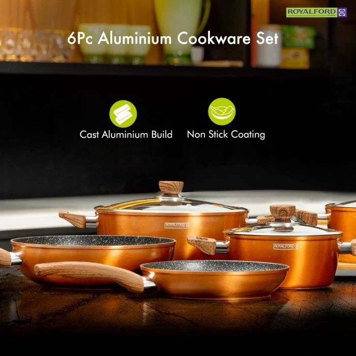 Royalford 10Pcs Aluminium Cookware Set - 3 Layer Granite Coating Saucepan with lid, Fry Pan, Casseroles with Lids, Wok Pan | Cool Handles | Evenly Heating Base | Compatible with Multiple Hobs - Image 4