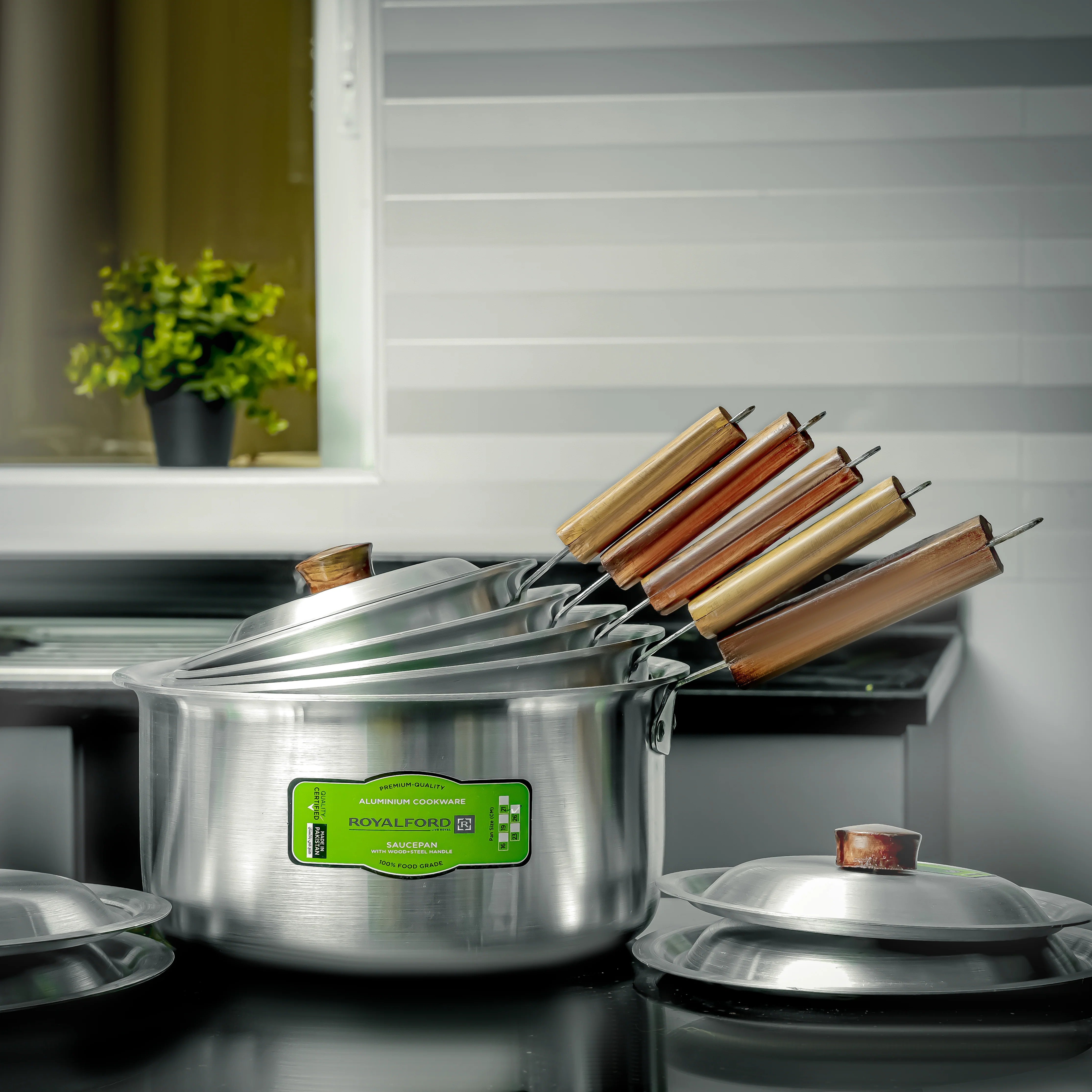 Royalford RF11206 5-Piece Aluminium Saucepan Set| Wooden Handles offers even heat distribution, & durable construction| comfortable grip, and versatile cooking| - Image 4