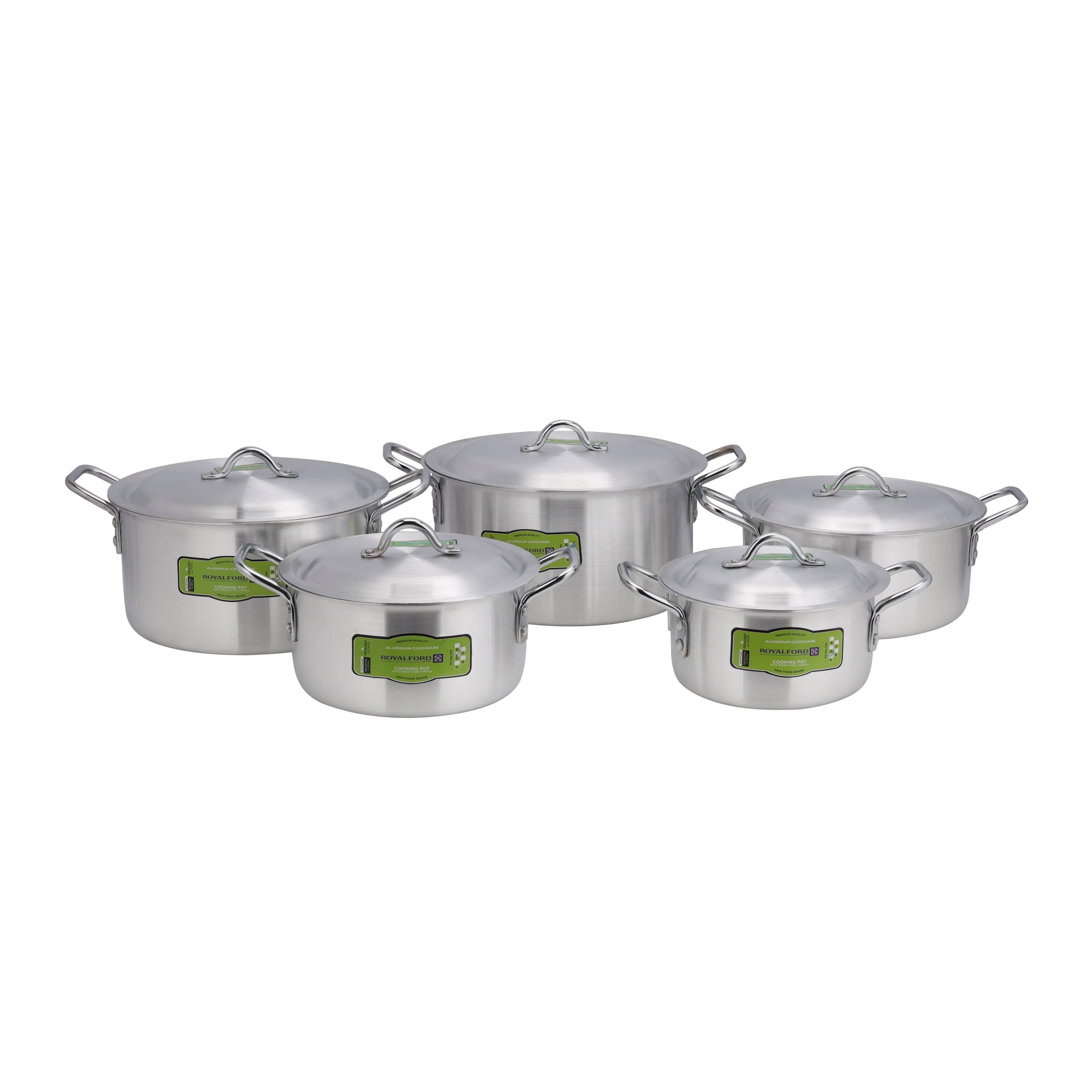 Royalford RF11207 5-Piece Aluminium Cooking Pot Set| steel handles, matching lids and Durable cookware| Compact, 21cm to 31cm sizes for everyday family cooking|