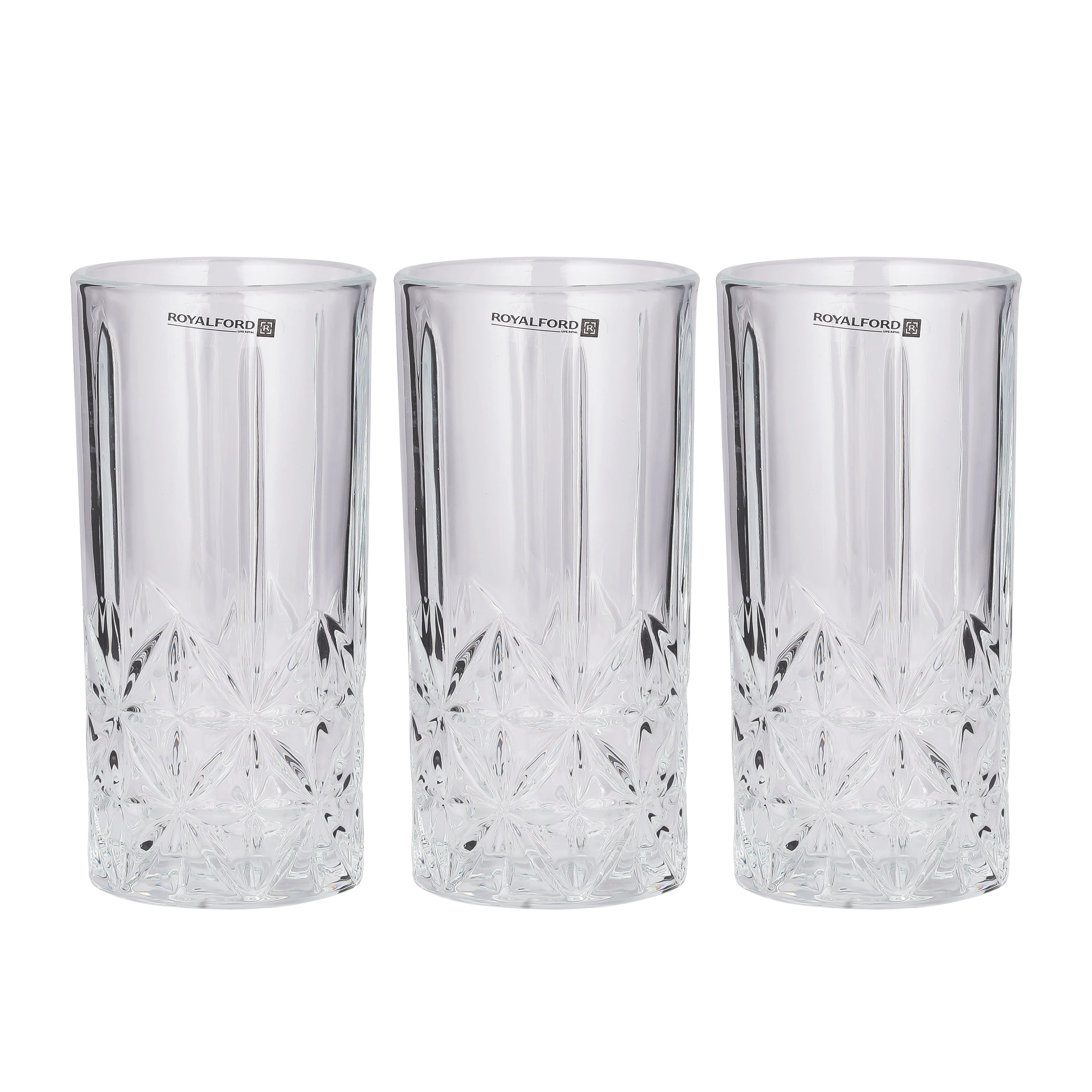 Royalford RF11662 Glass Tumbler Set | 3 Pcs 360ML Lead Free Soda Lime Drinking Glasses| Elegant Textured Base| Premium Water Juice Soft Drink Beverage Glassware for Home
