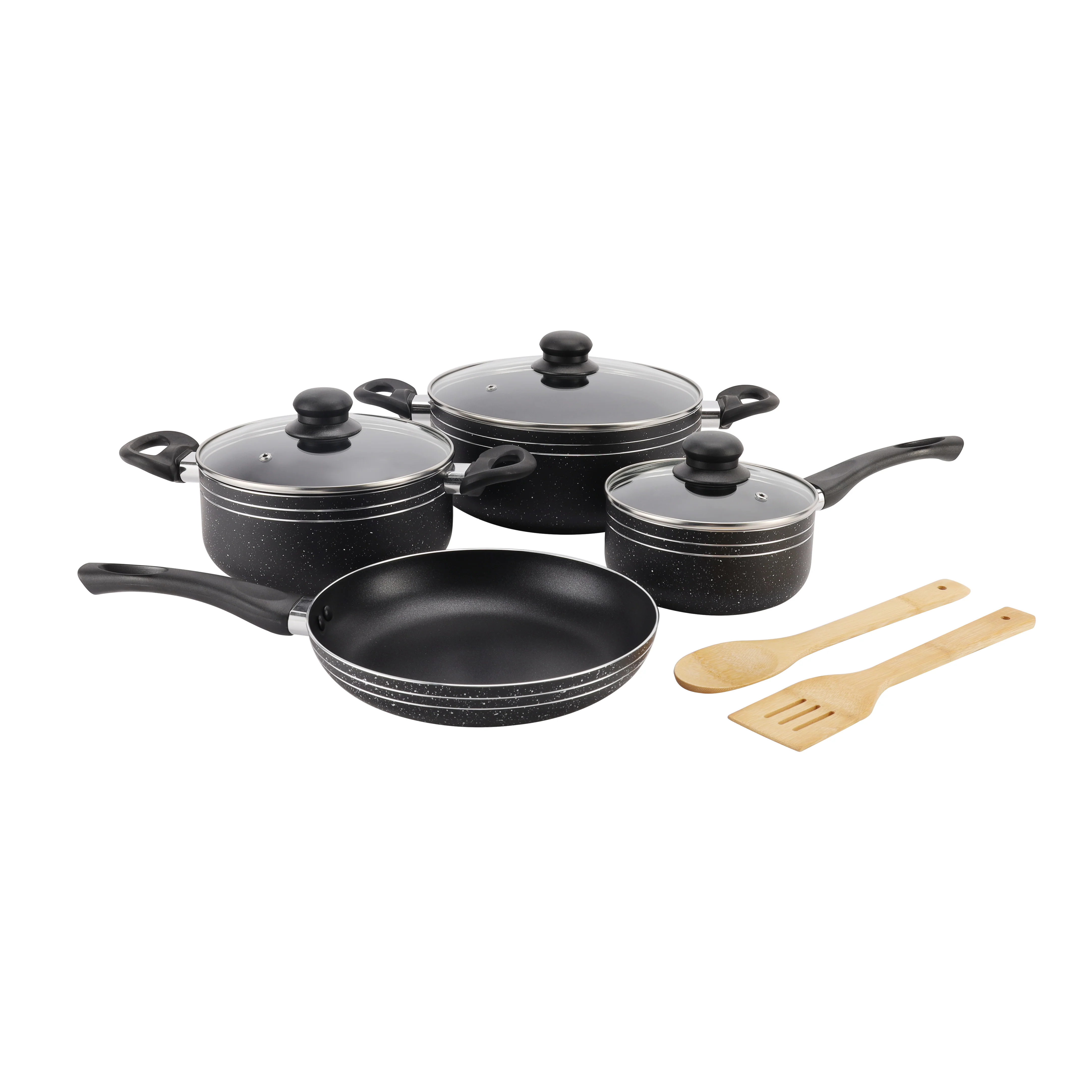 Royalford RF11759 9 PCS Non-Stick Cookware Set| Granite Coating & Strong Aluminium Body| Fast-Heating CD Bottom, Tempered Glass Lids & Essential Kitchen Tools|
