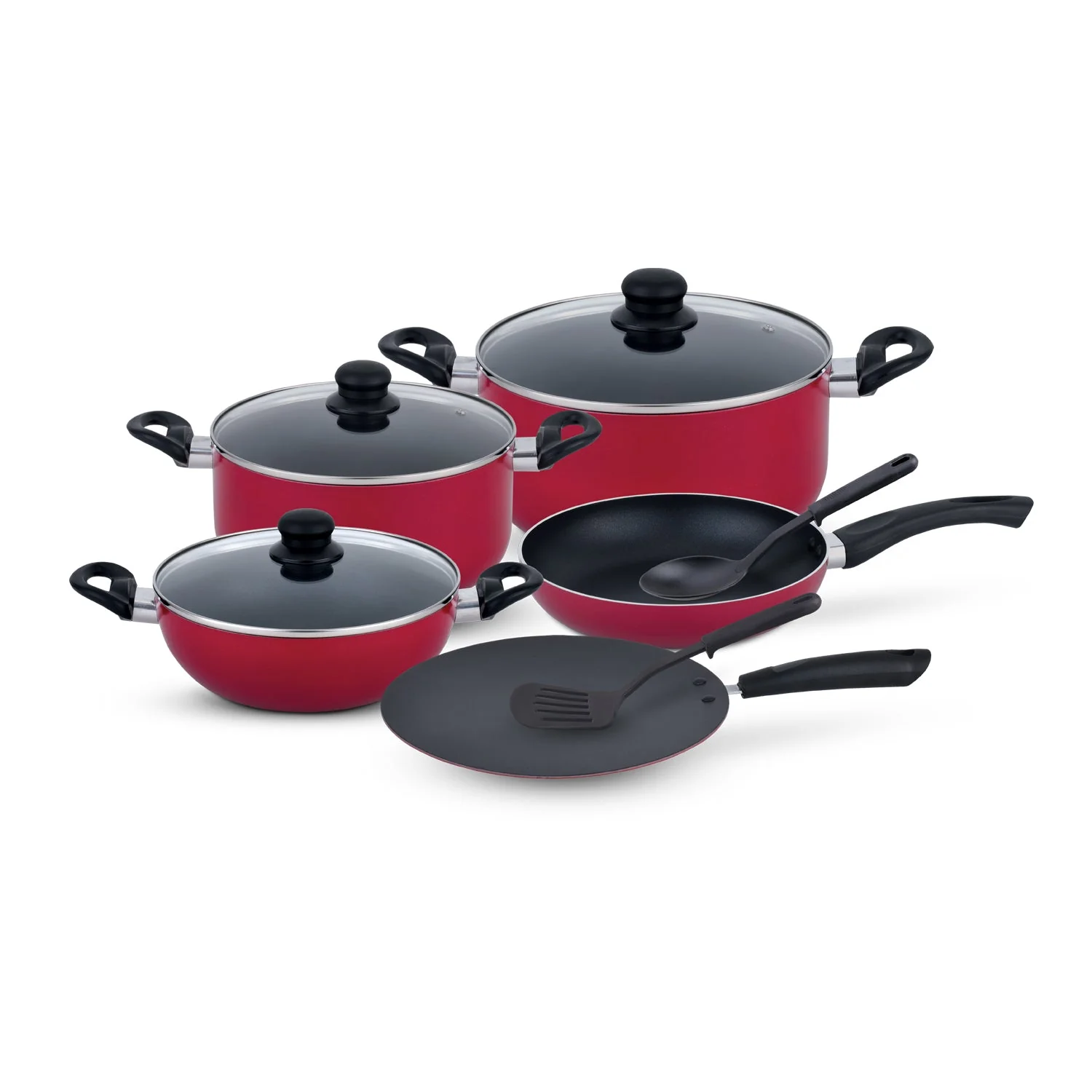 Royalford RF12146 10-Piece Non-Stick Cookware Set | Aluminium Pots, Pans & Tawa with Tempered Glass Lids | Bakelite Handles | Perfect for Efficient Daily Cooking