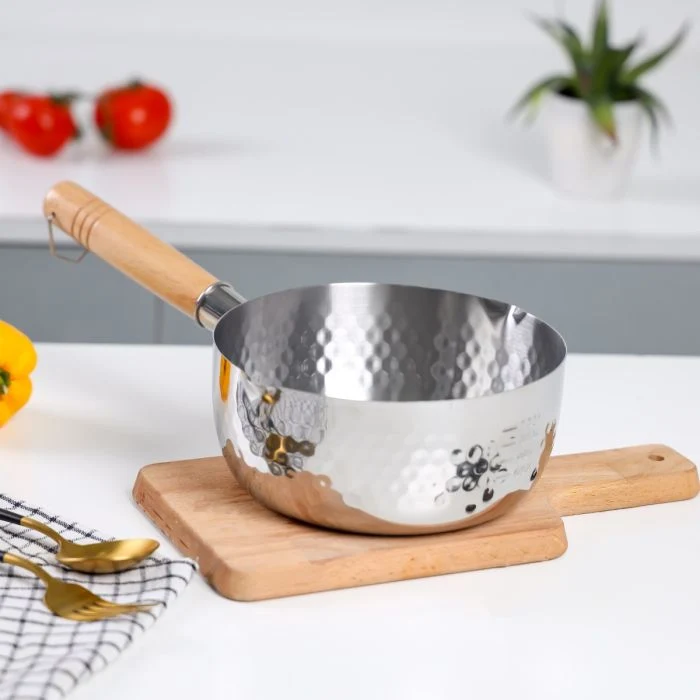 Royalford RF12260 18cm Stainless Steel Snow Pot| wooden handle, dual pouring spouts & hammered finish| Durable, quick even heating & induction compatible design| - Image 3