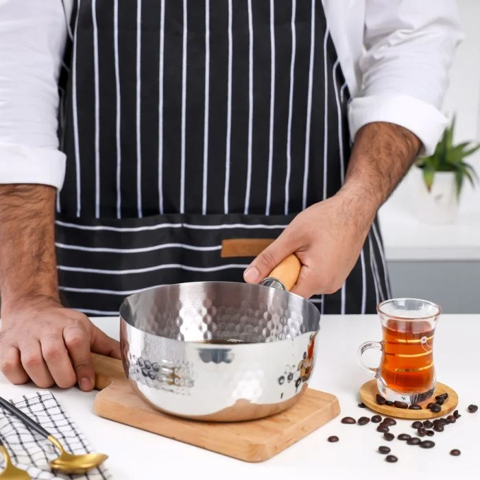 Royalford RF12260 18cm Stainless Steel Snow Pot| wooden handle, dual pouring spouts & hammered finish| Durable, quick even heating & induction compatible design| - Image 4