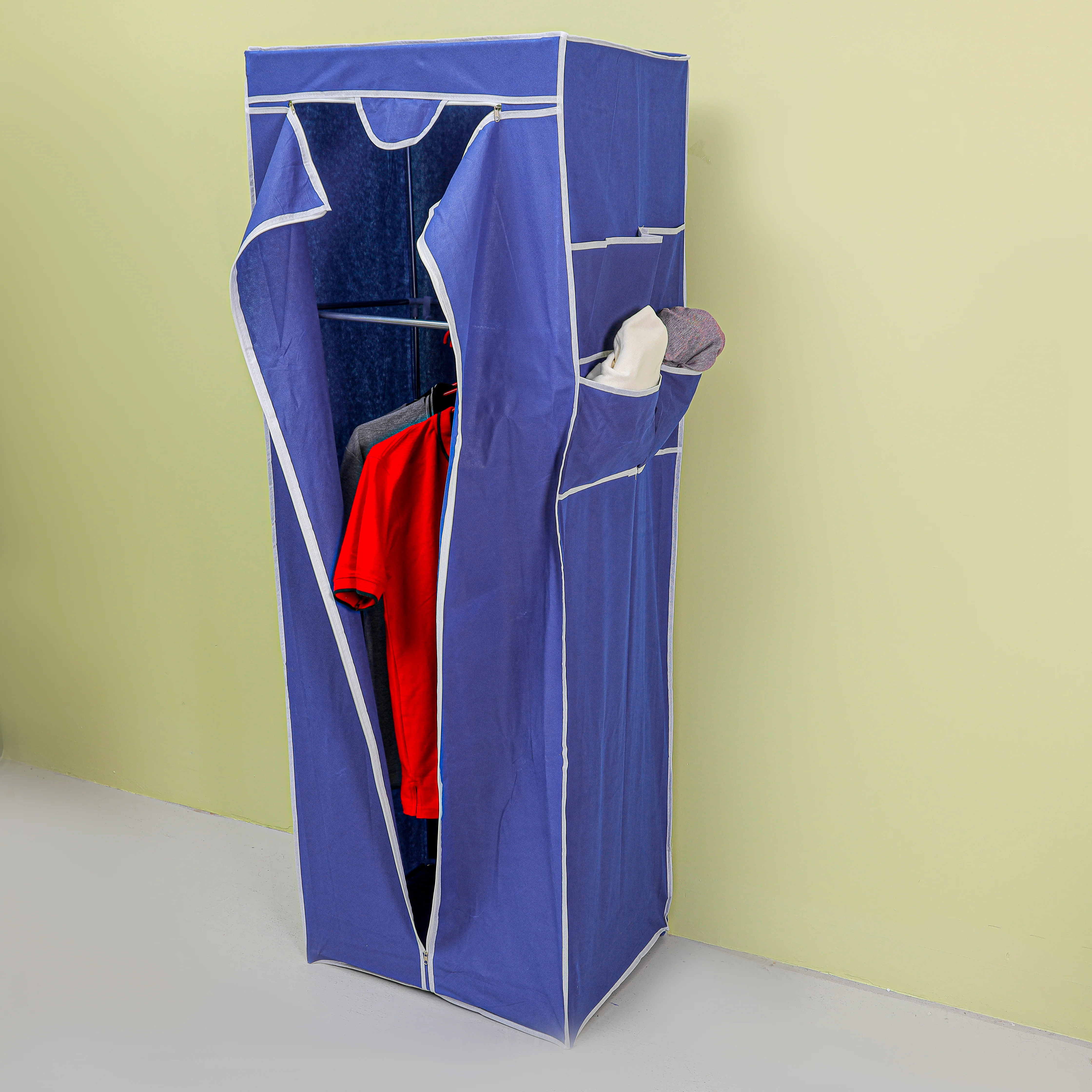 Royalford RF12427 Fabric Wardrobe Cabinet | Space-Saving Cloth Cupboard| Strong Metal Rods| Durable Non-Woven Fabric Cover| Zippered Front Door & Easy Assembly - Image 4
