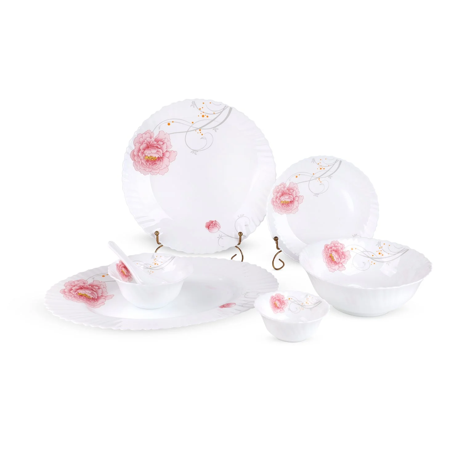 Royalford RF12469 Opalware Dinner Set 33 Pieces | Elegant Floral Design, Microwave & Dishwasher Safe, Lightweight Chip-Resistant Tableware for Everyday Dining & Home Use