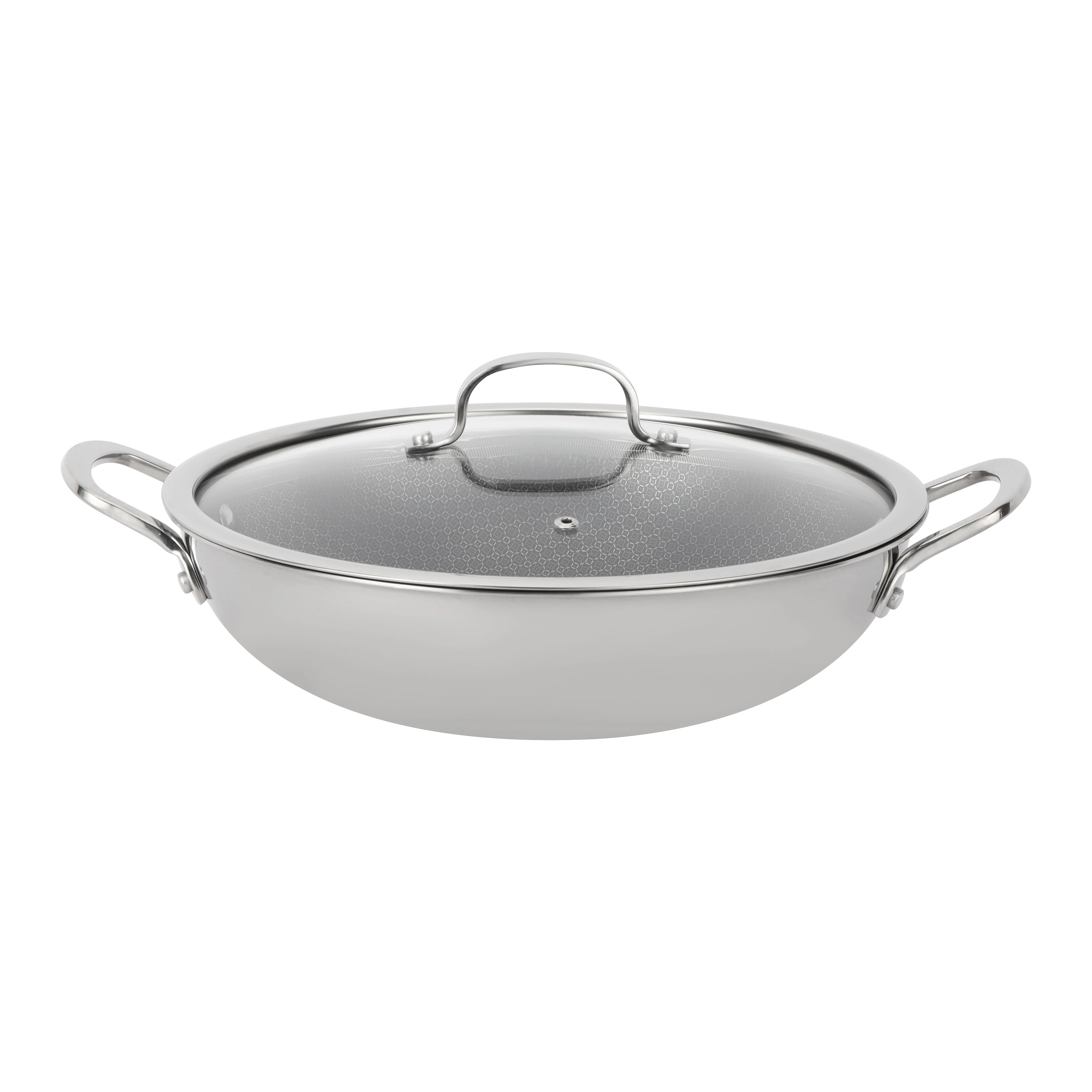 Royalford RF12641 Triply Stainless Steel Wok Pan 28cm with honeycomb non-stick interior | triply body for fast heating, induction base, riveted handles and easy cleaning.