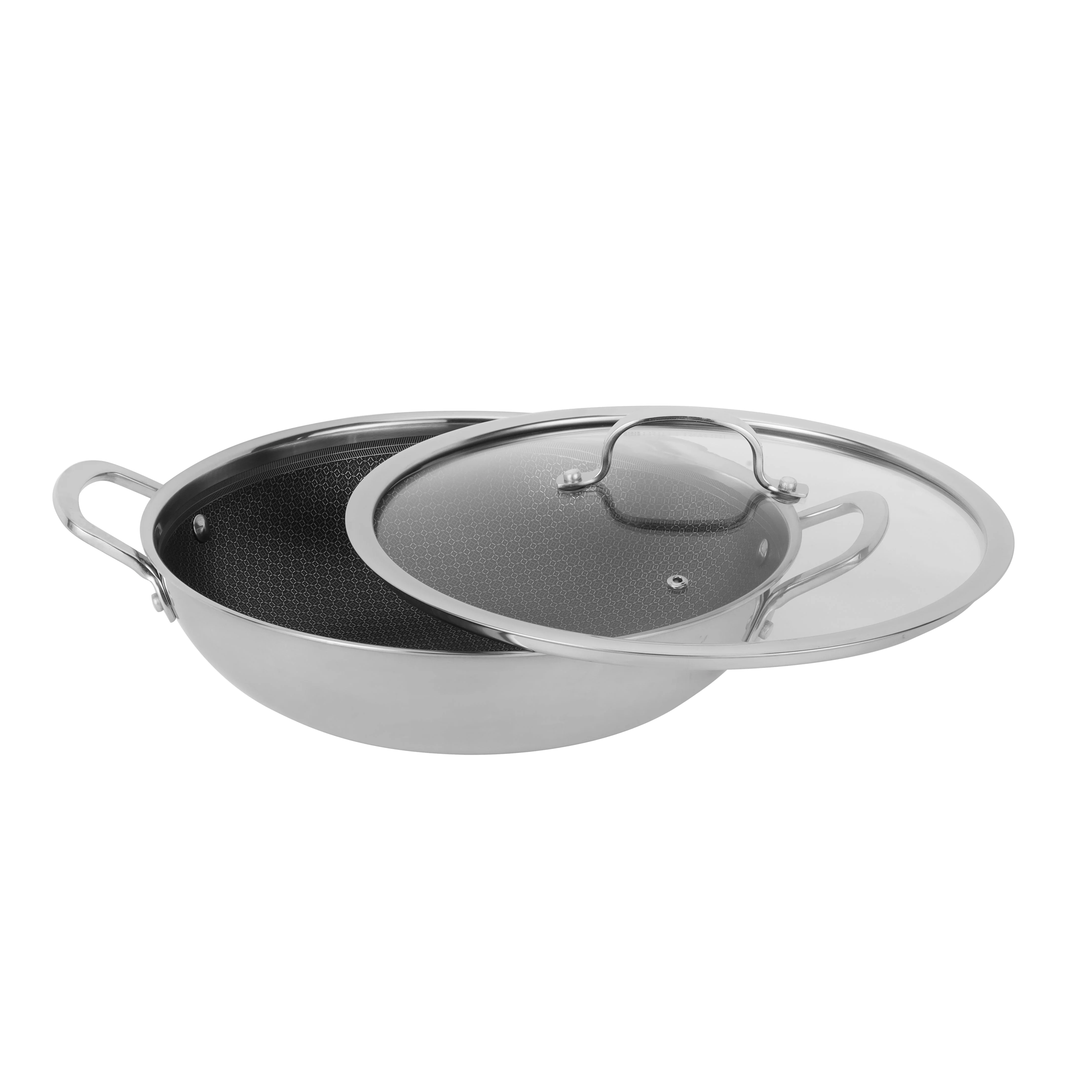 Royalford RF12642 Triply Stainless Steel Wok Pan 30cm | honeycomb non-stick interior offers fast even heating, induction compatibility, tempered glass lid and durable - Image 2