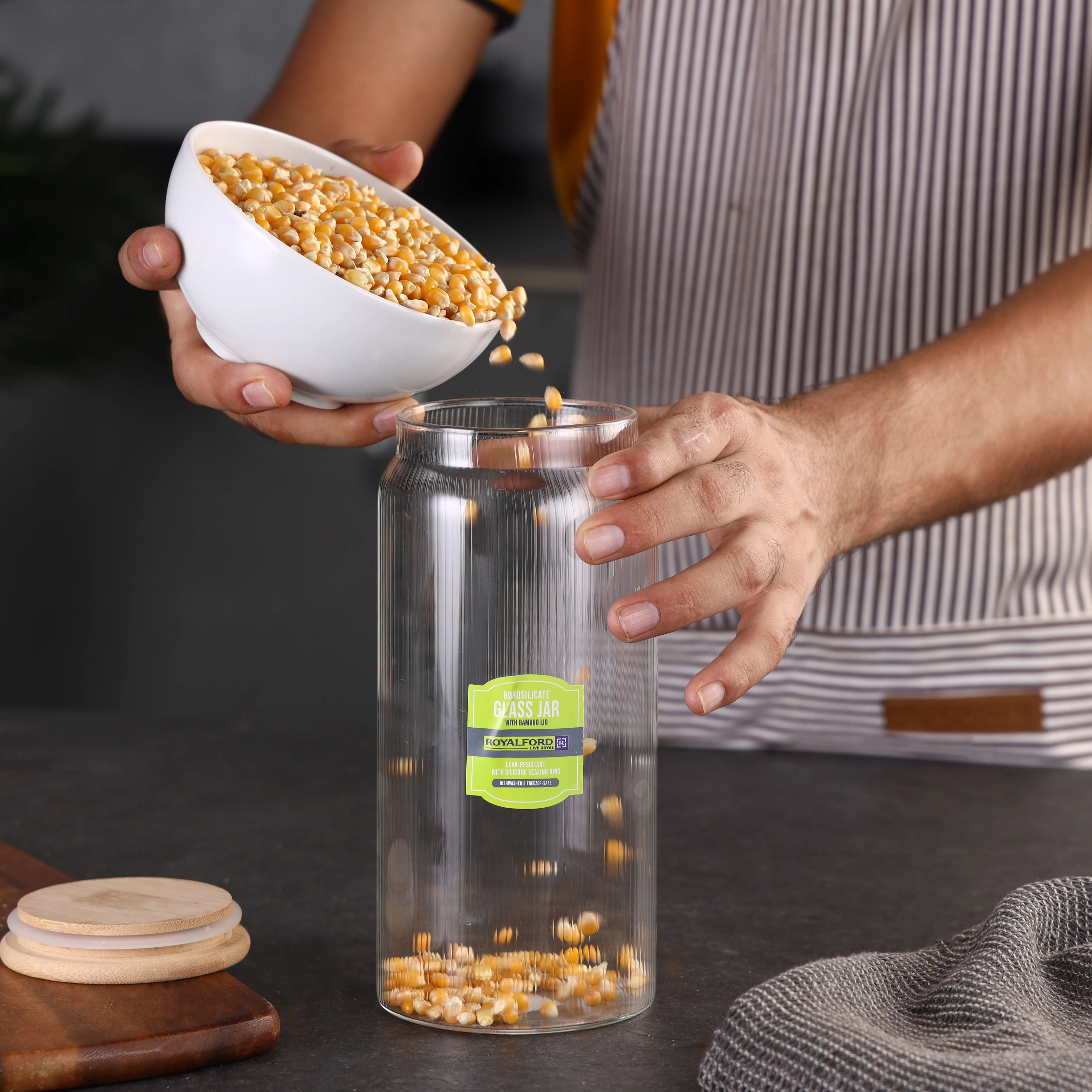 RoyalFord RF12774 6 Borosilicate Glass Jars| featuring airtight bamboo lids & BPA-free glass | Durable, Transparent Glass Body, Easy to Clean & odor-free storage| - Image 5