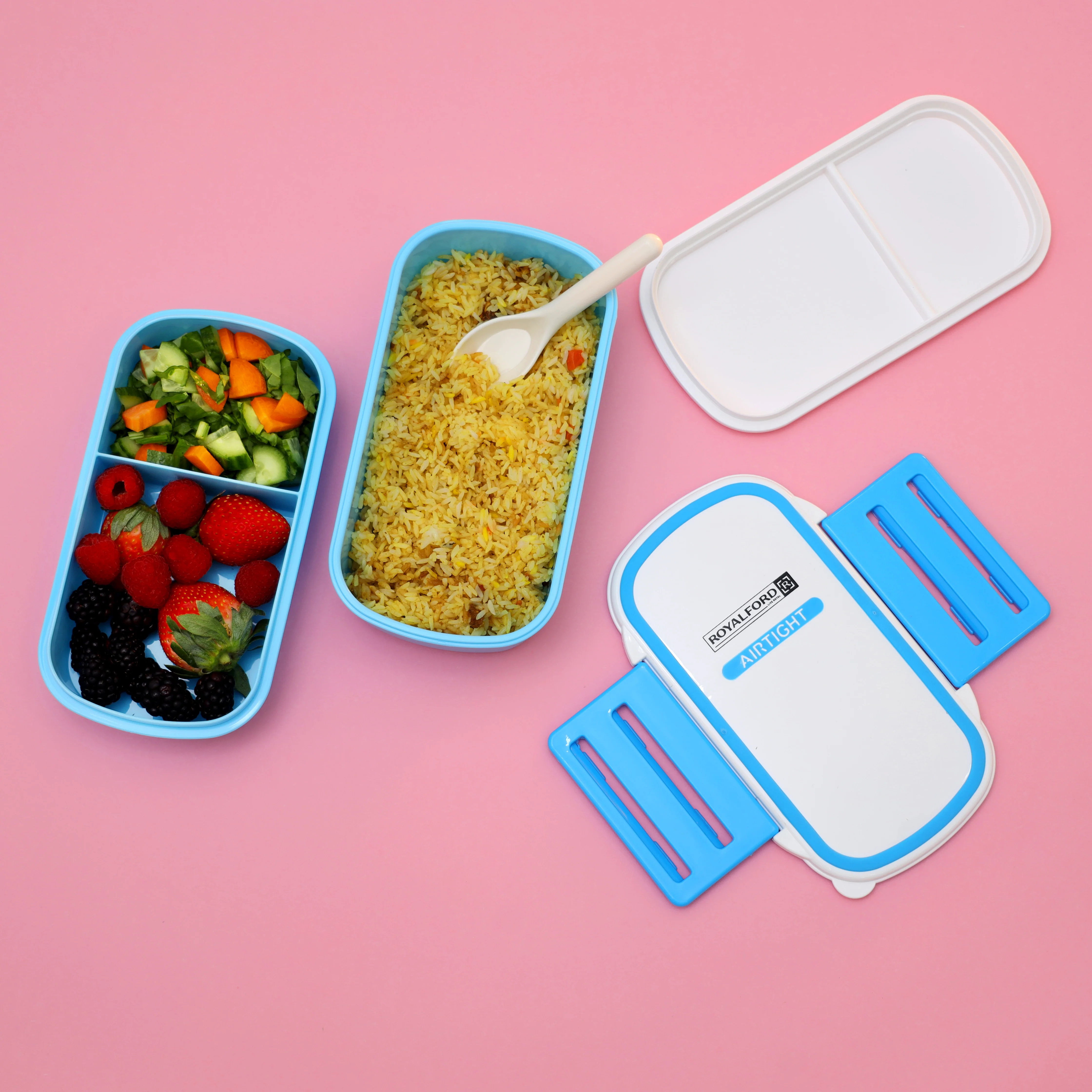 Royalford RF4399BL Airtight Lunch Box 2 Layer with Spoon| Leak Proof, Food Storage Container & 1+2 Compartment| Food Grade Material for Office School Travel Use| - Image 2