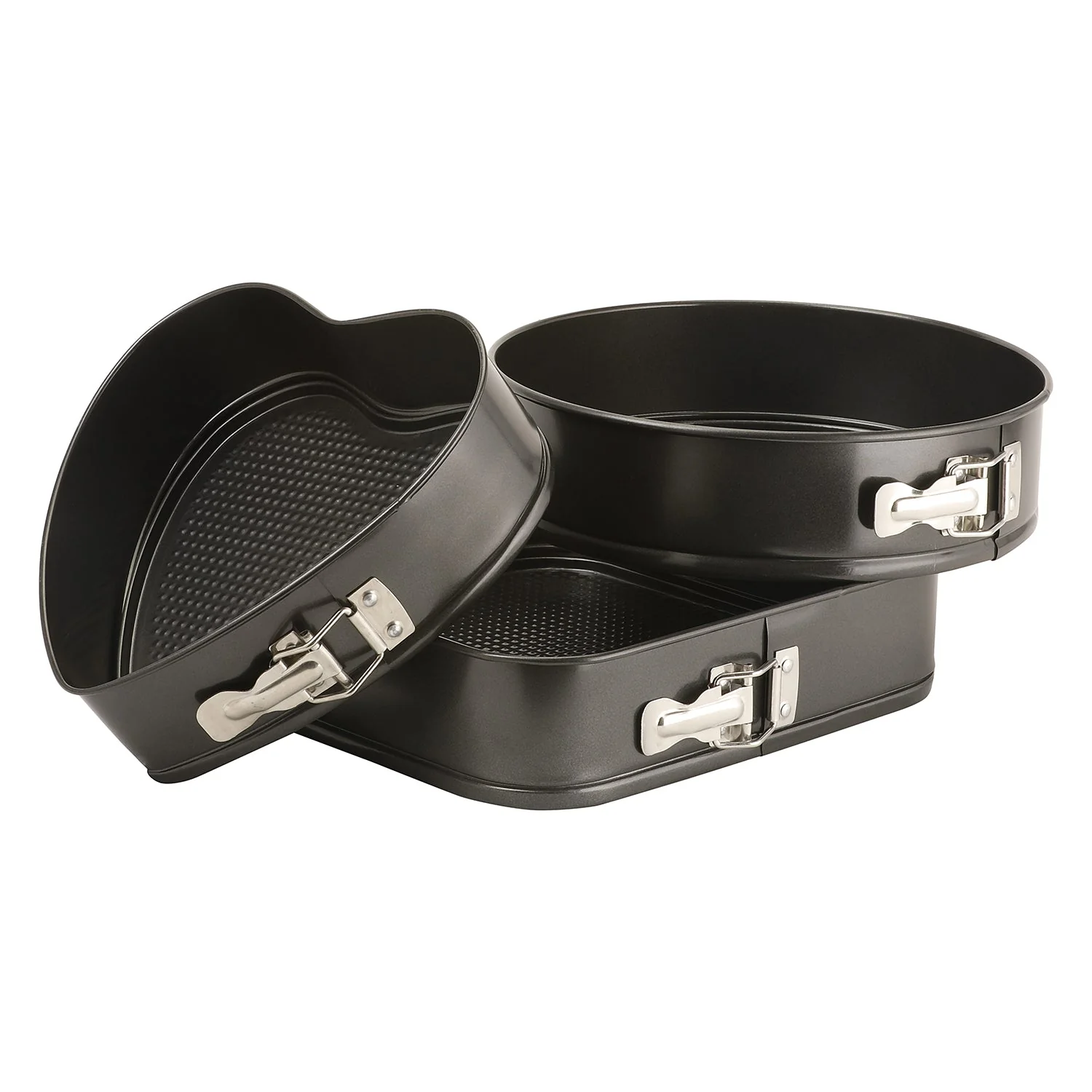 Royalford RF8783 Springform Baking Pan Set | 3PCS Premium Non-Stick Round Heart Square Cake Pans | Easy Release Buckle| Oven Safe | Even Heat Distribution Design