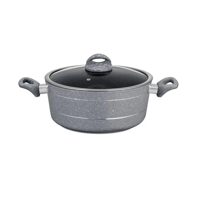 Royalford RF9468 24cm Die-Cast Aluminium Casserole with Glass Lid - Durable Marble Coating, High-Quality Aluminium Construction | Non-Stick Dish for Gas, Induction & Ceramic Hobs