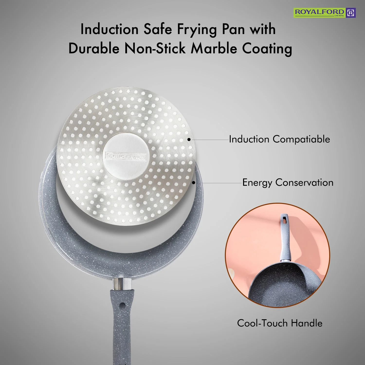 Royalford RF9841BGE 28cm Smart Wokpan| Marble Coating & Forged Aluminium Induction Wok| featuring 3.8mm Thick Base, Soft-Touch Handle, PFOA & PTFE Free Cookware| - Image 4