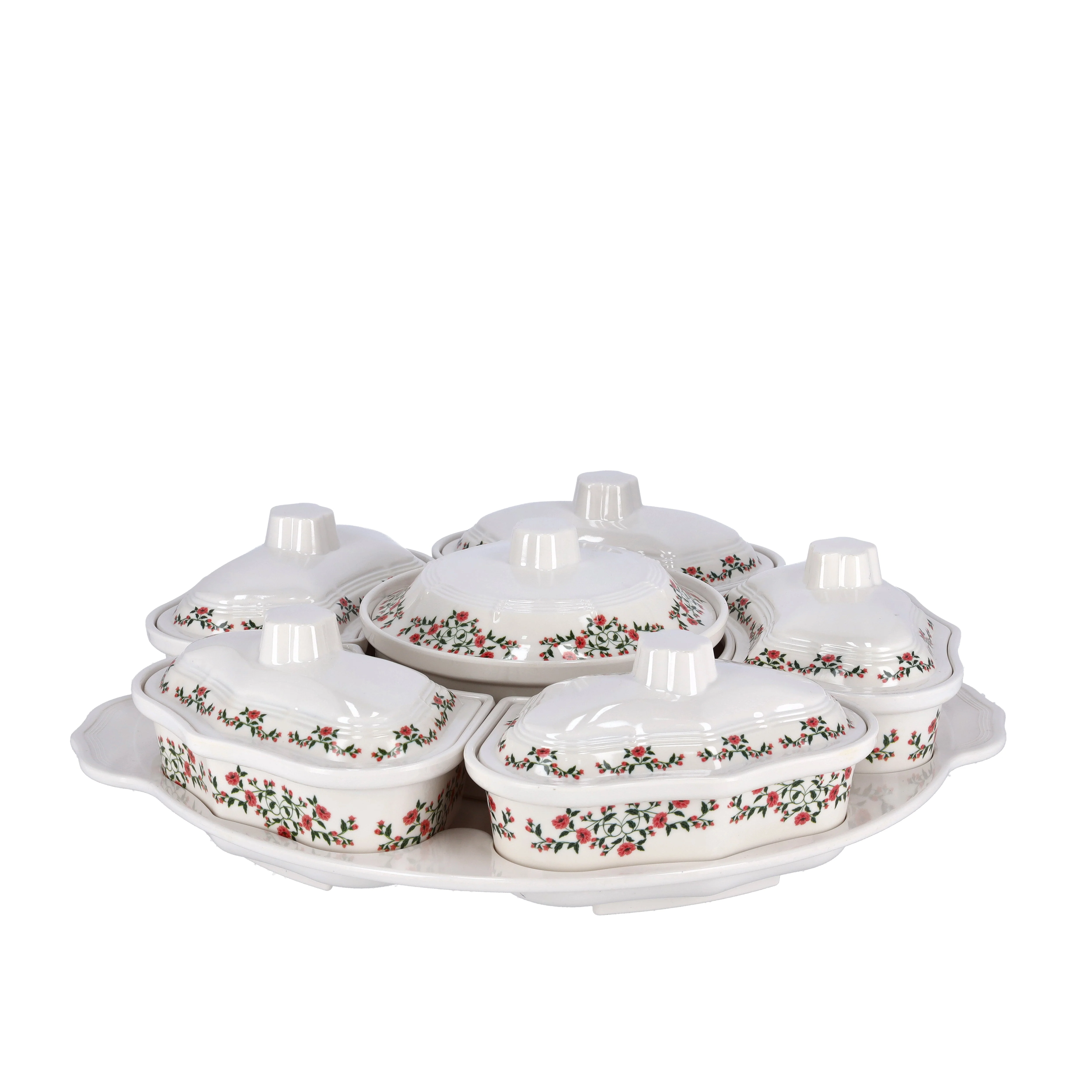Royalford RF9993 14-Piece Revolving Serving Tray Set | Premium Melamine Floral Design | 2-Tier Rotating Tray with Side & Centre Bowls + Lids | Ideal for Parties & Dining