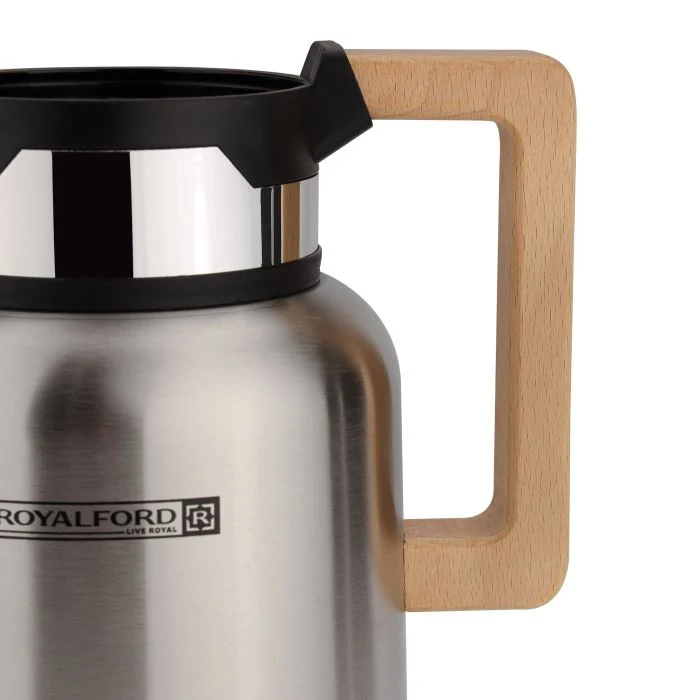 Royalford Stainless Steel Vacuum Jug with Wooden Handle, 1L, RF10169 | Thermal Insulated Airpot | Keep Drinks Hot & Cold up to Hours | Portable & Leak Proof Thermal Flask - Image 4